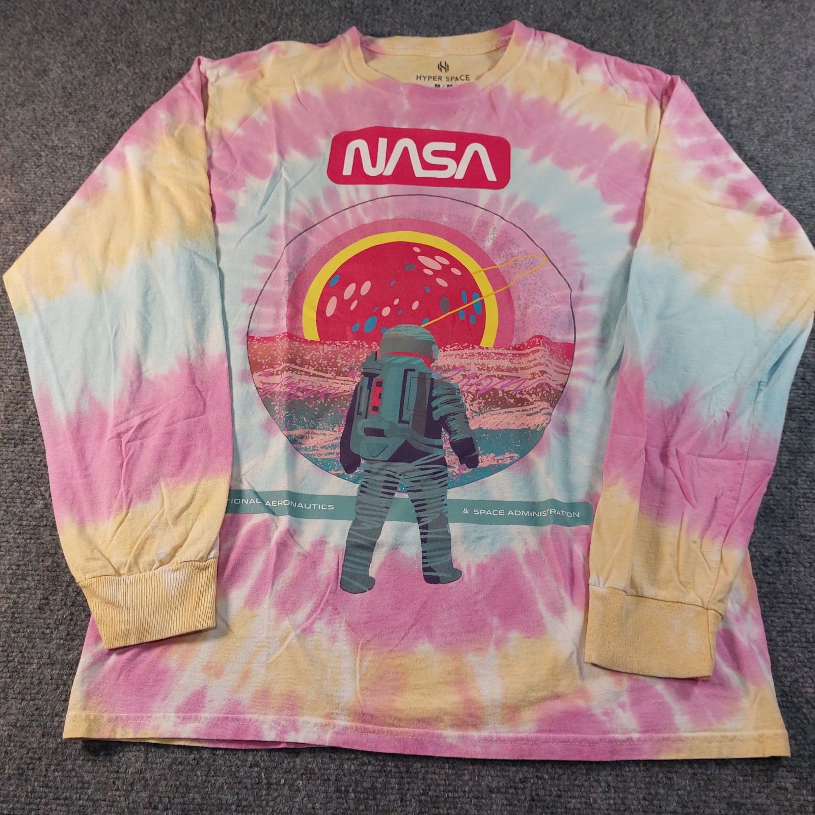 NASA Tie Dye Long Sleeve Shirt Mens M Astronaut Space Rainbow Pastel Hyperspace