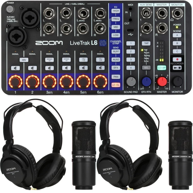 Zoom LiveTrak L6 10-channel Compact Digital Mixer with Podcast Microphone Pack