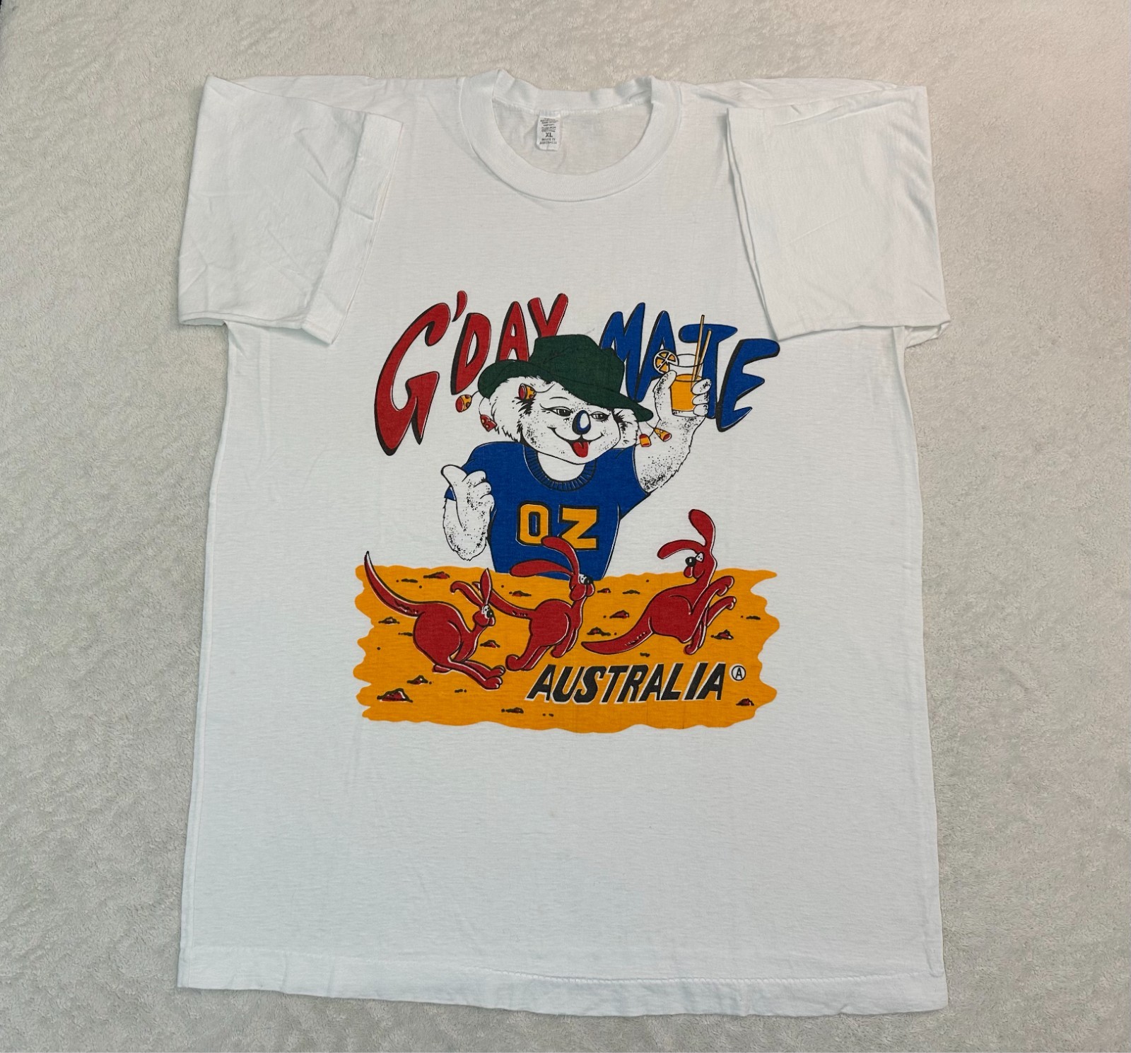 Vintage 1980s 90s G'Day Mate Koala Kangaroo Cartoon Made In Australia T-Shirt, L gallery