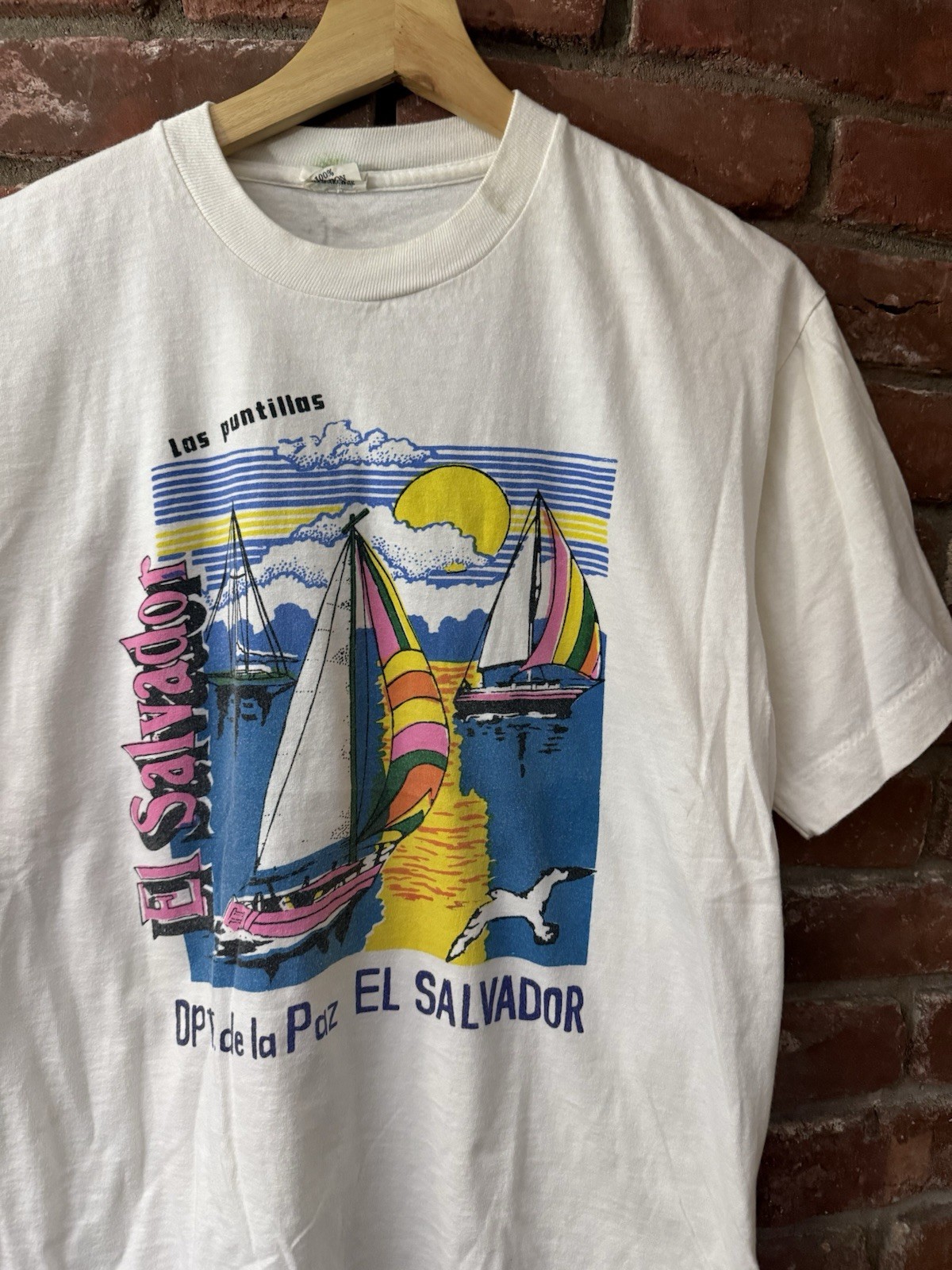 Vintage 80s 90s El Salvador Tourist Tee Shirt M Sail Boat Bird Landscape gallery