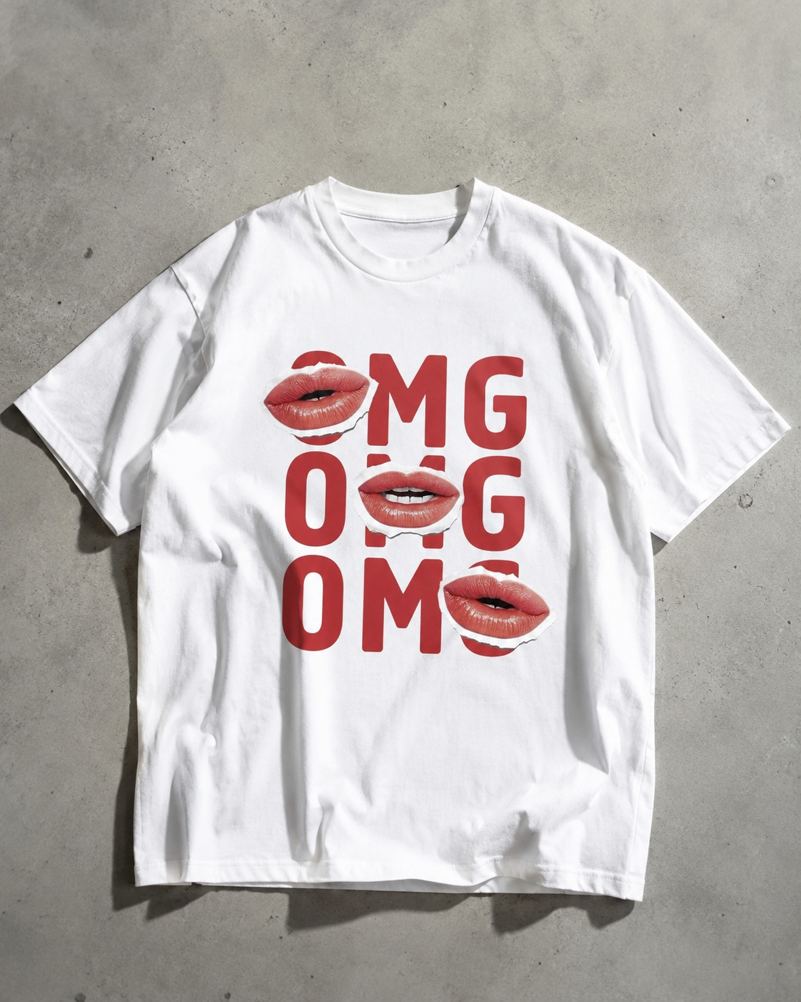 Pop Art Lips Graphic Tee, Minimal Typography “OMG” Streetwear Aesthetic T-Shirt gallery