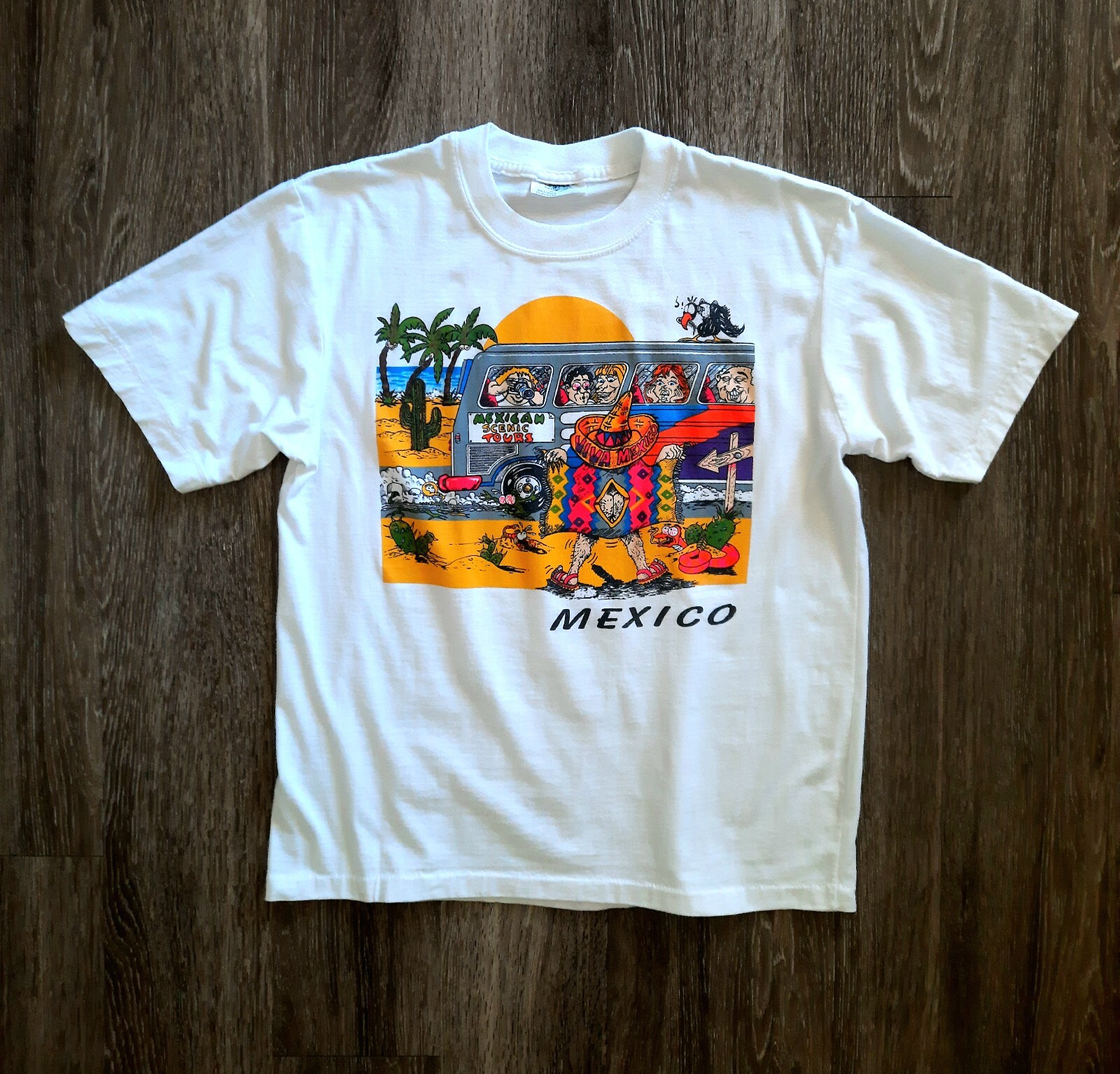 Vintage Mexico Tour Bus Flasher Cartoon Single Stitch T-Shirt (Large)