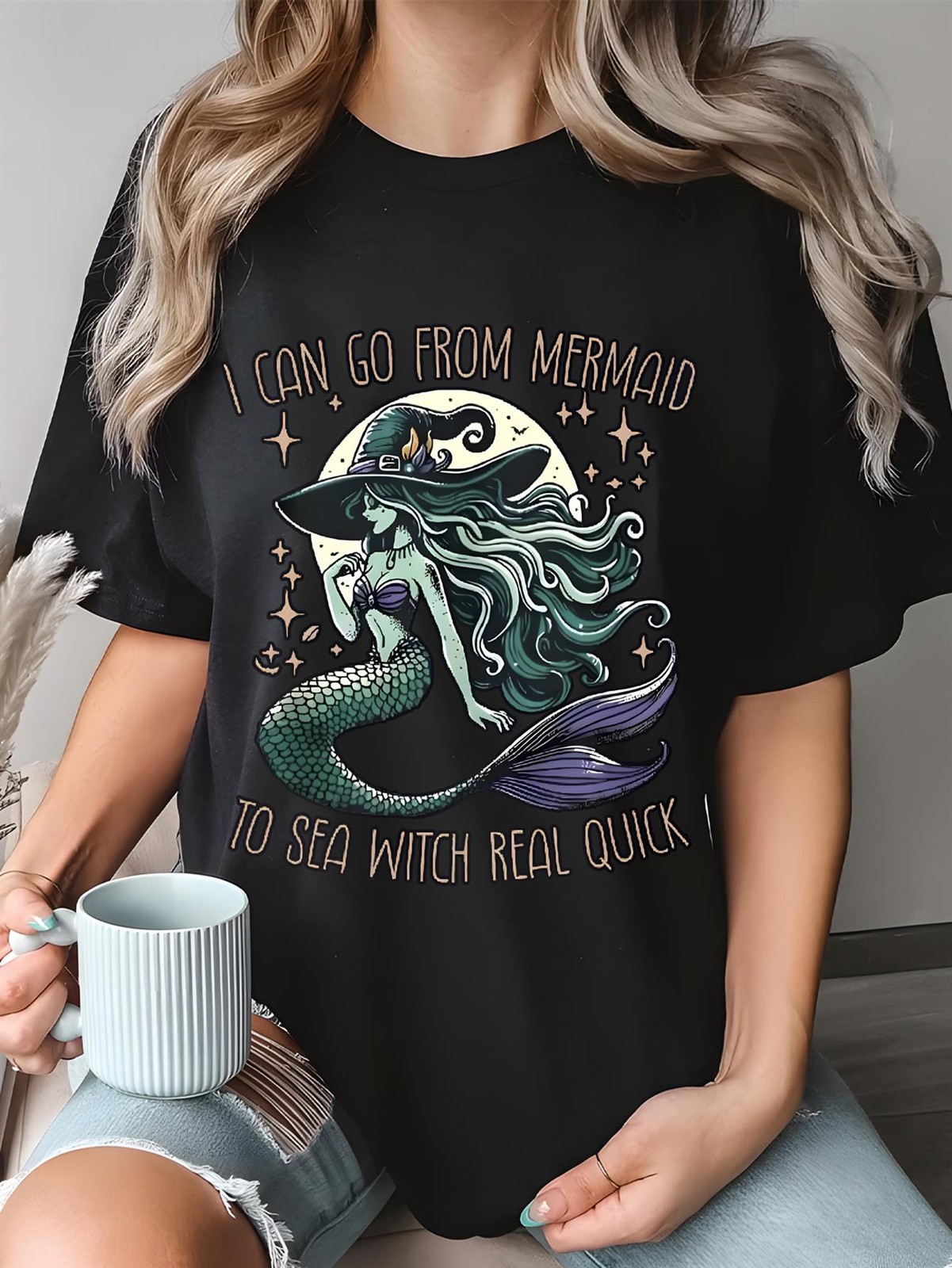 Women Mermaid Sea Witch Graphic T-Shirt Fantasy Ocean Casual Crew Neck Tee Top gallery