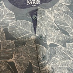 Como Man Men’s Large Ginkgo Leaf Print Henley Shirt Blue White Short Sleeve NWT