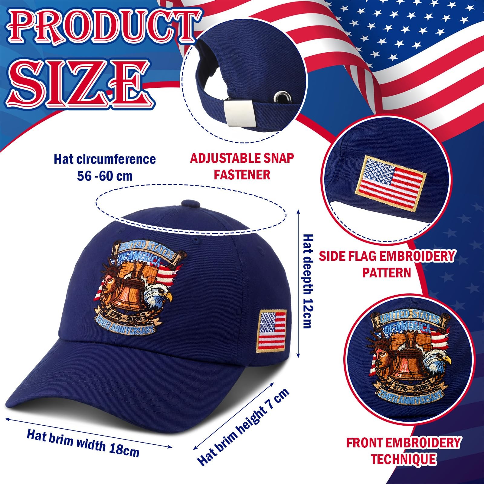 250th Anniversary Hat Adjustable United States Patriotic Hat USA Retro Embroi... gallery