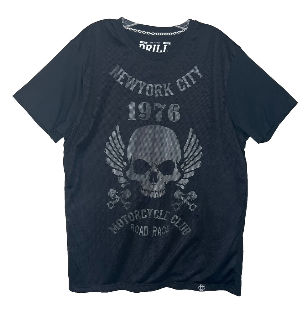 DRILL Mens Mesh Overlay Graphic Tee Skull New York City Motorcycle 1976 Biker XL