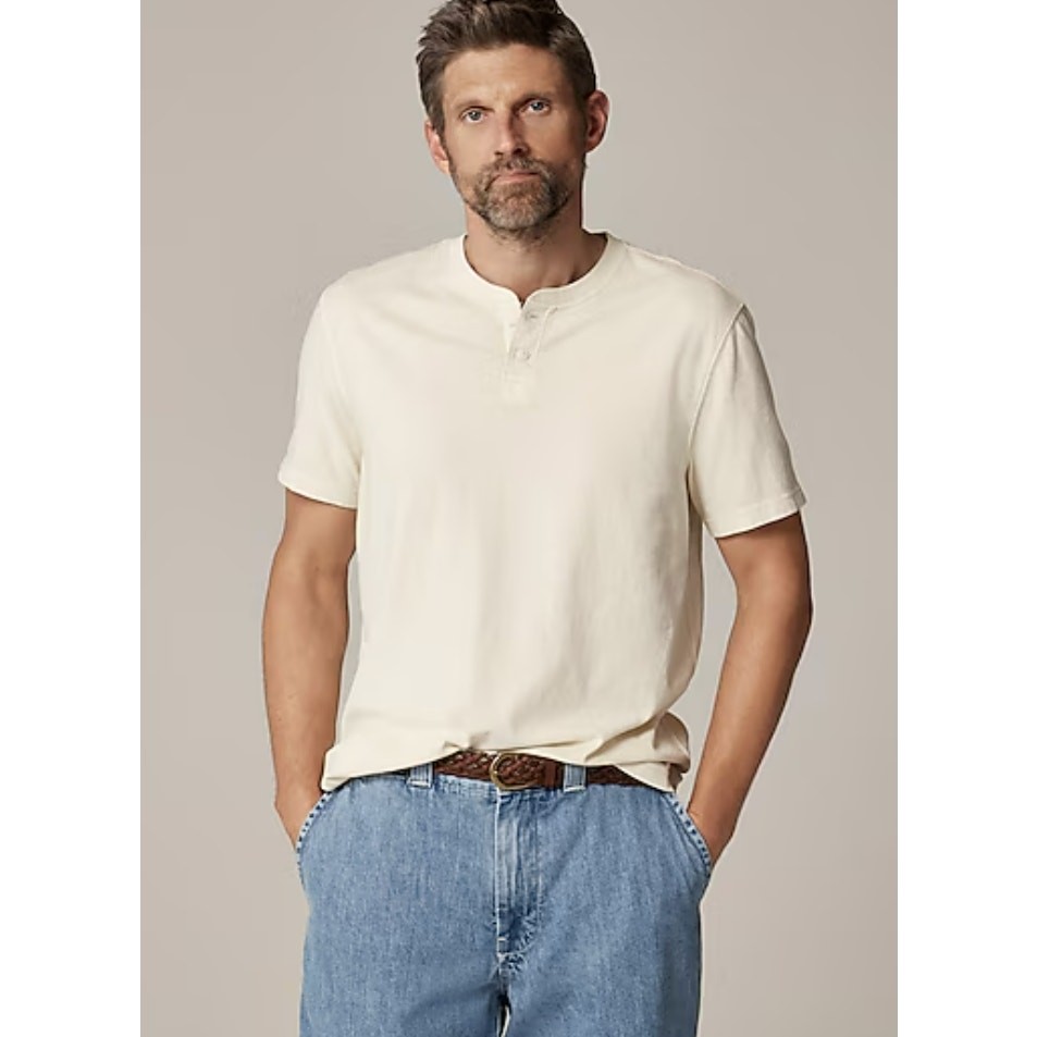 J.Crew Vintage Short-Sleeve Henley Shirt Men L Cream Crewneck CG175 Cotton Blend gallery