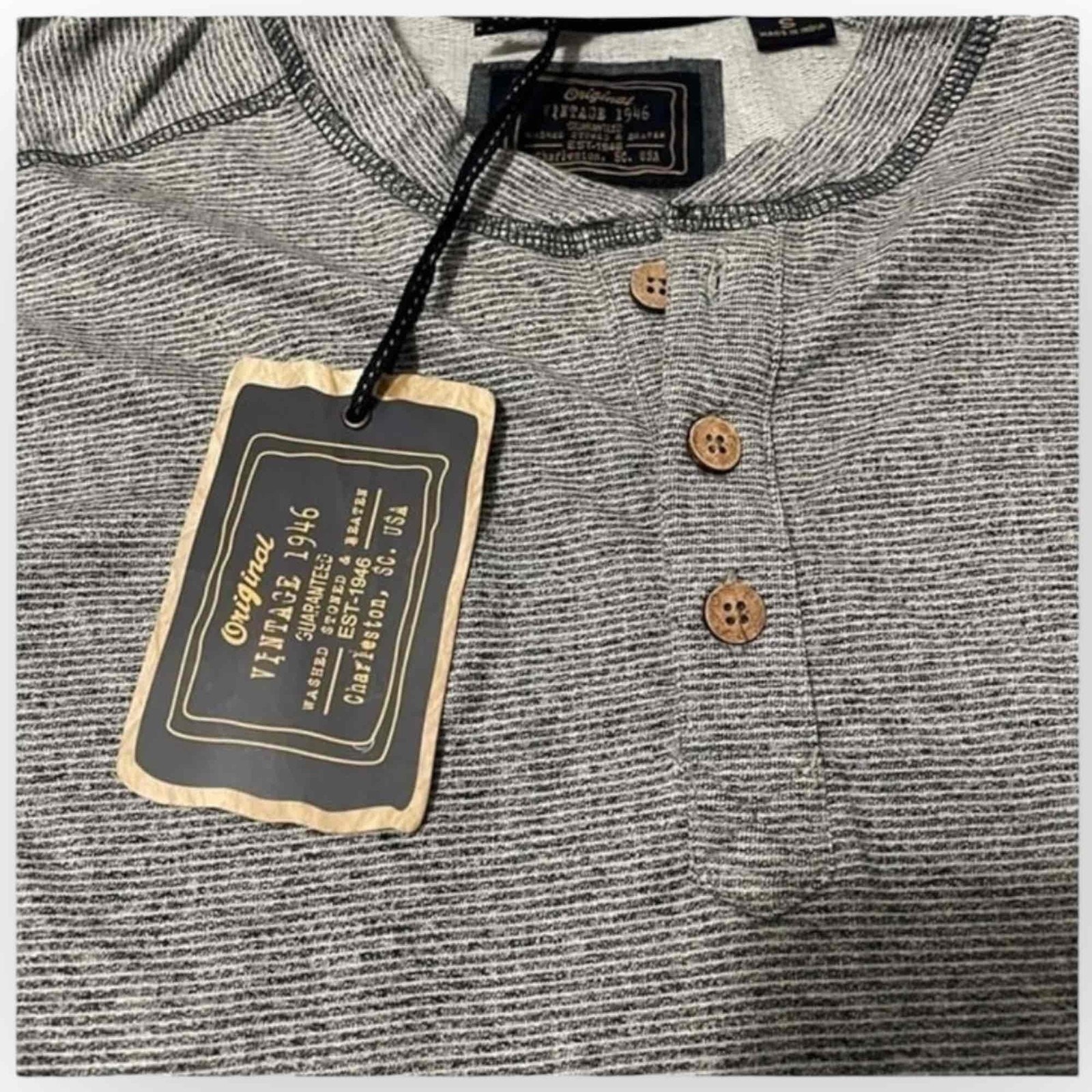 Vintage 1946 Mens Stretch Button-Placket Henley Shirt, Charcoal Heather 0535S gallery