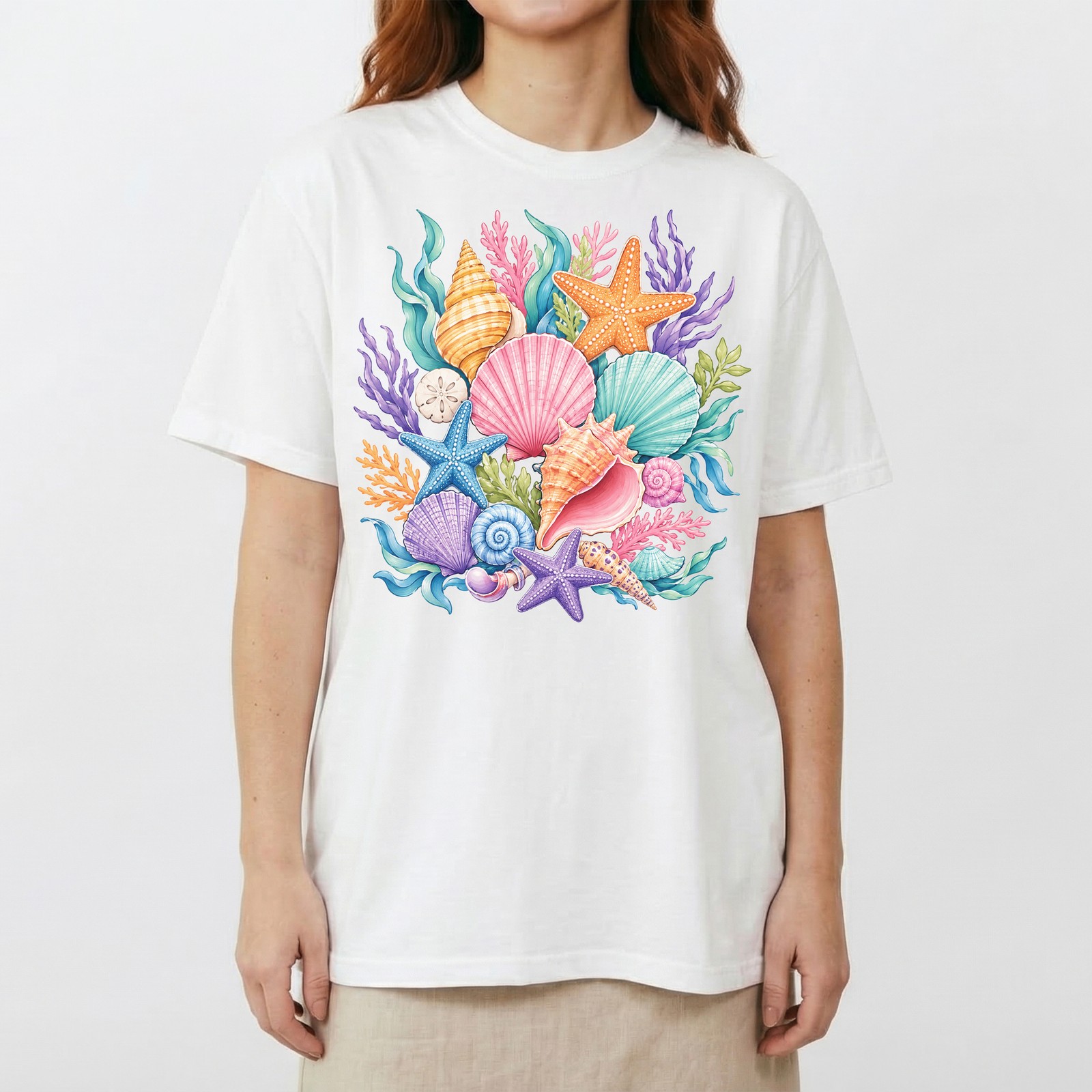 Colorful Seashells Coral Starfish T-Shirt Ocean Beach Summer Tee gallery