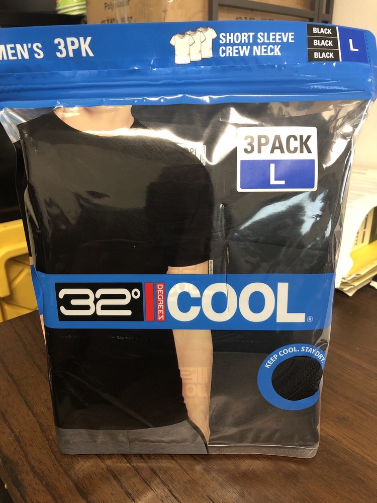 32 Degrees Men’s Cool Tee, 3-pack Large Black Crew Neck Large