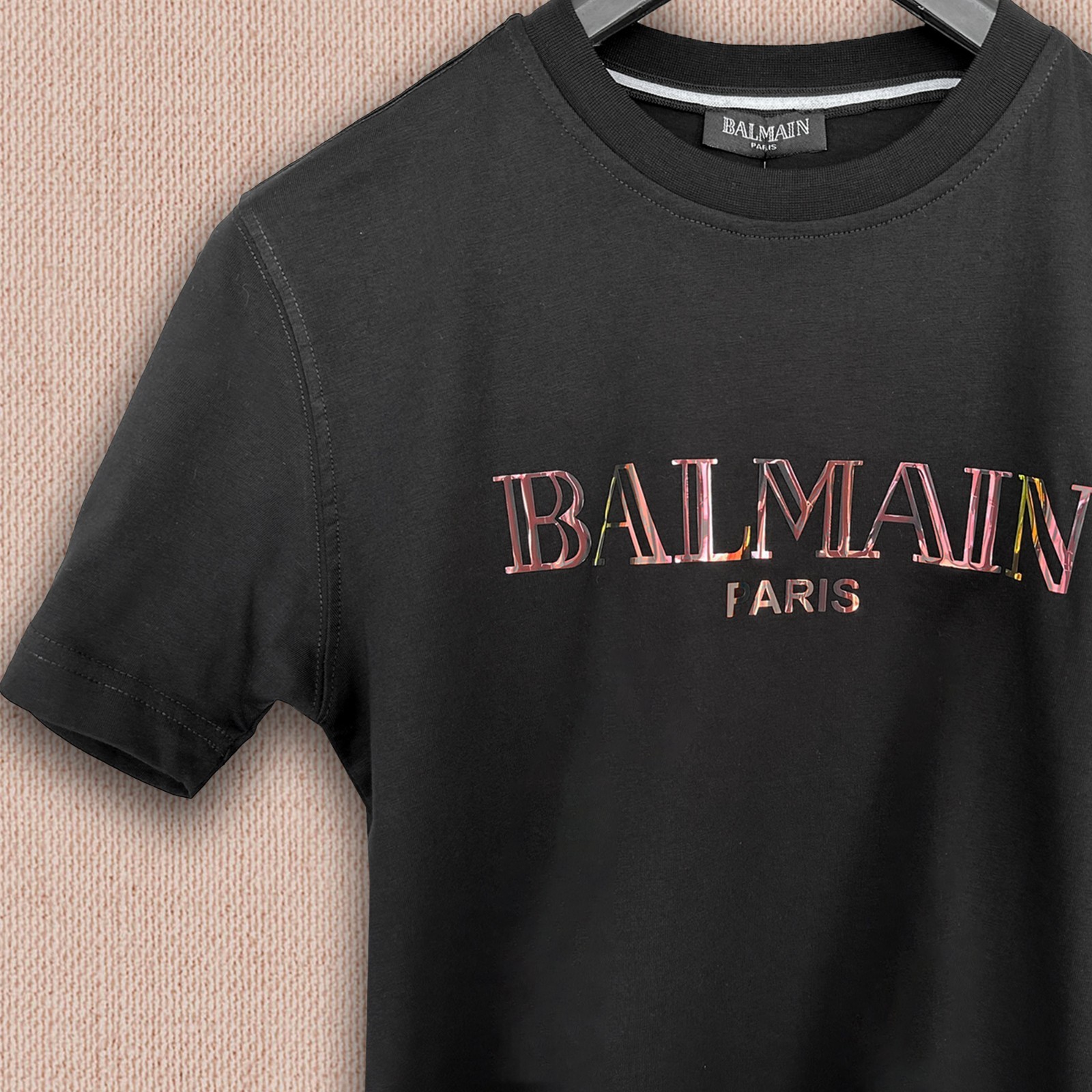 Balmain Black T-shirt --- Golden Text Logo Print --- Size XL -- Tariff Paid gallery
