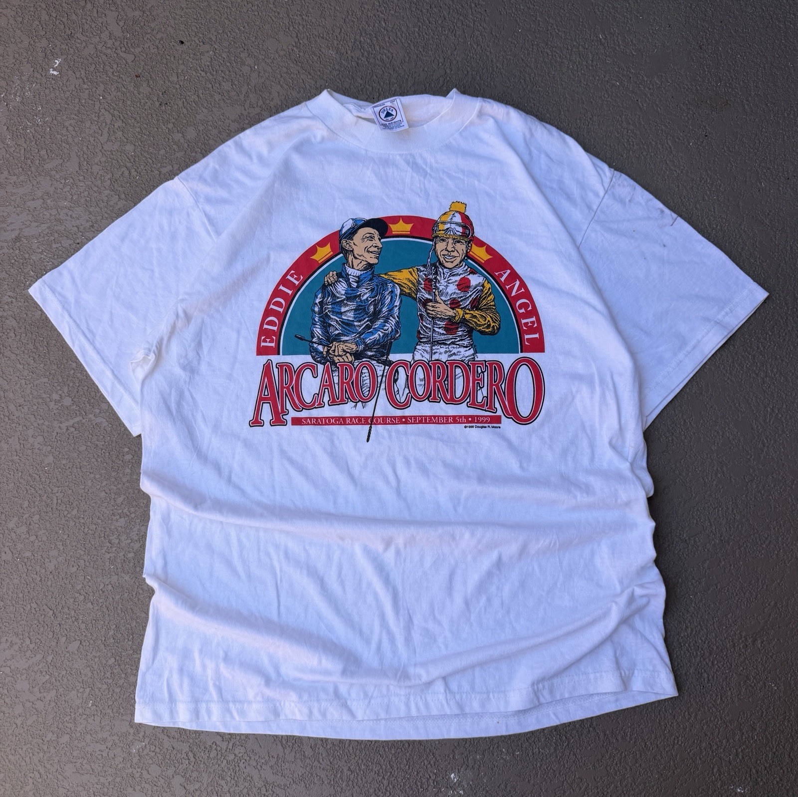 VTG 1999 Eddie Arcaro Angel Cordero Saratoga Race Course White T Shirt Men's L gallery