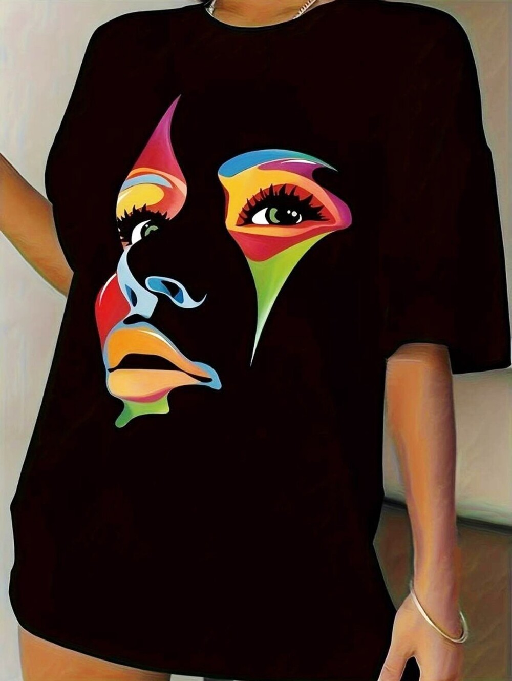 Black Graphic Tee with Colorful Abstract Face, Size XL, NWOT gallery