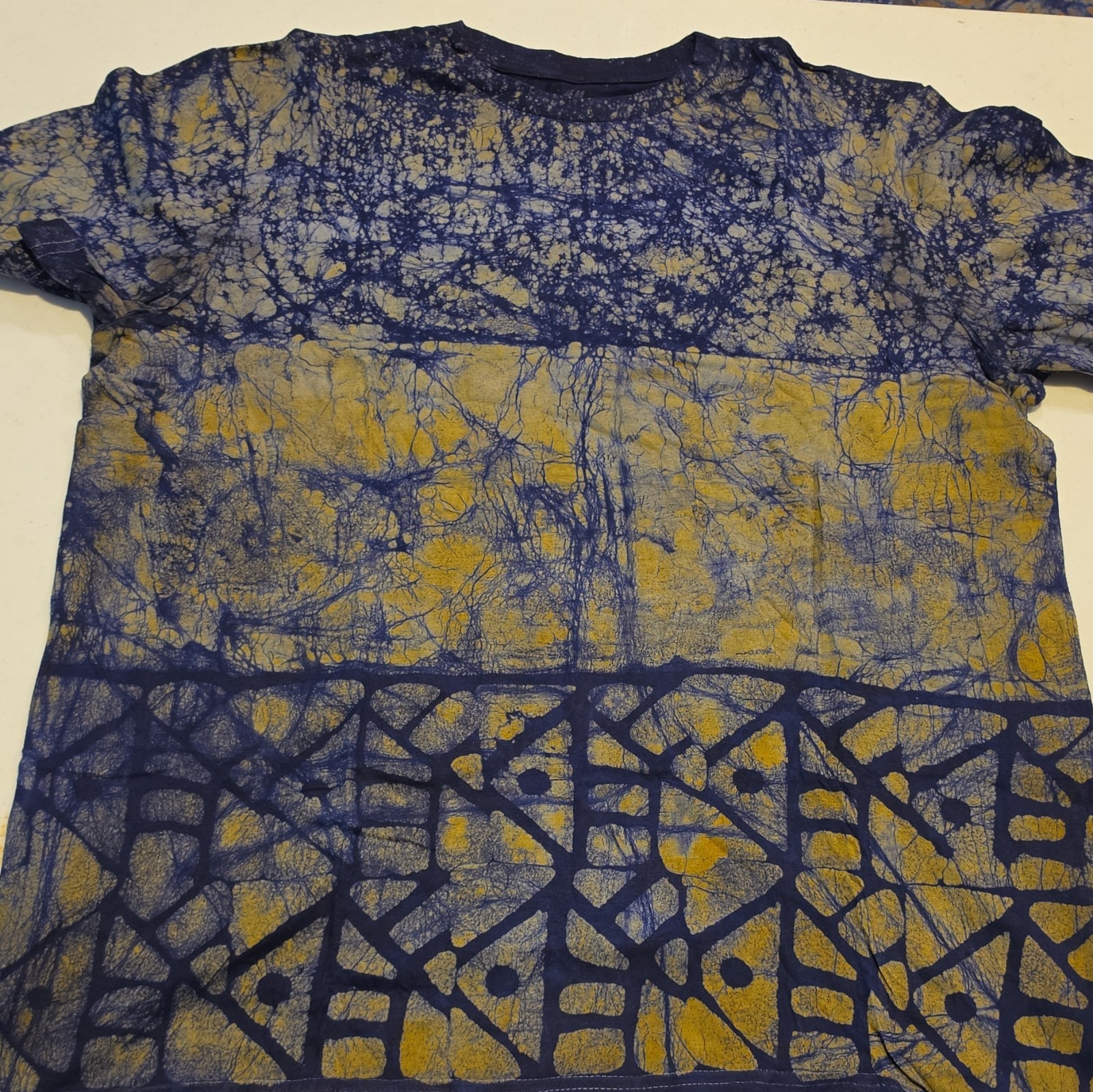 Men's S Blue Yellow Tie-Dye Colorful Cotton Knit Crew Neck Short Sleeve Tee gallery