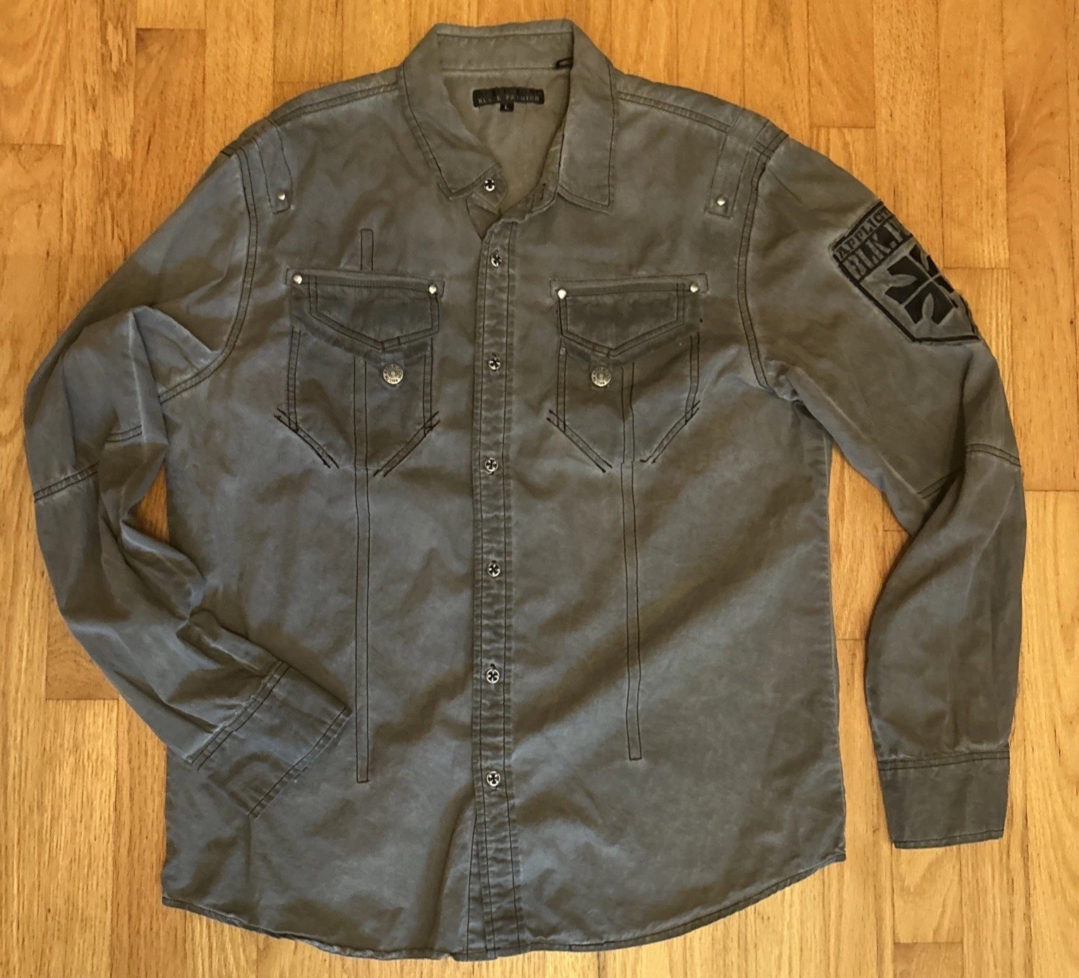 Affliction Black Premium Skull Embroidered Button Up Gray Long Sleeve Shirt Lg gallery