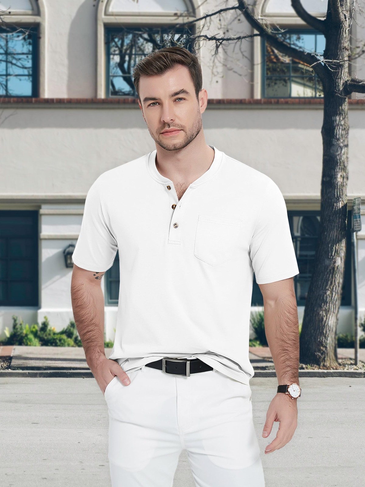 MAGCOMSEN Mens Henley Shirt Short Sleeve Cotton Casual Summer Tee Pocket T-Shirt gallery