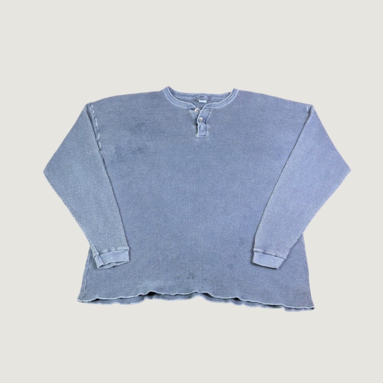 Vintage Great Land Blue Waffle Knit Henley Shirt Mens Large Made in USA Thermal