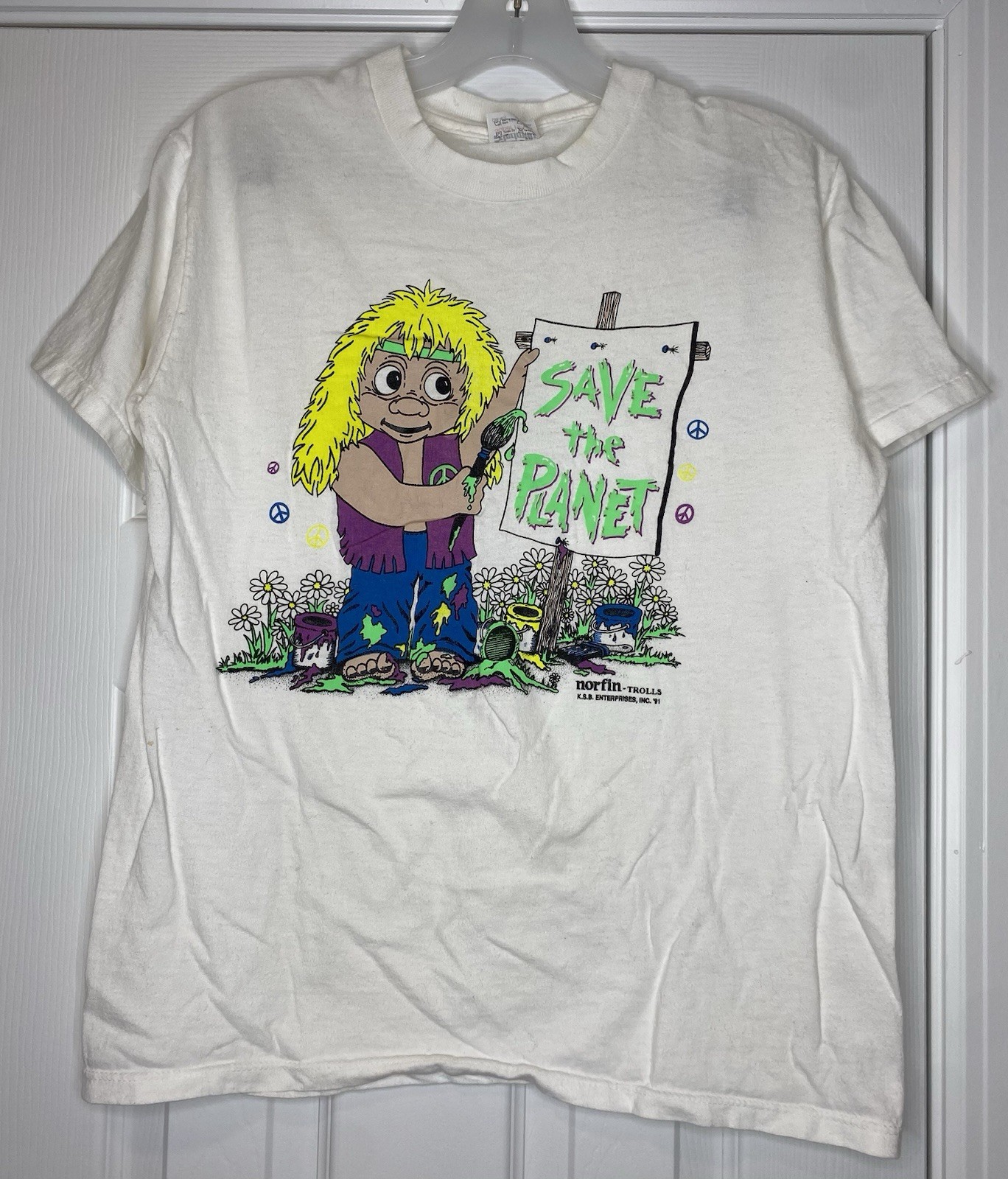 1992 Norfin Trolls Vintage Save The Planet Hippie T Shirt White Size Medium