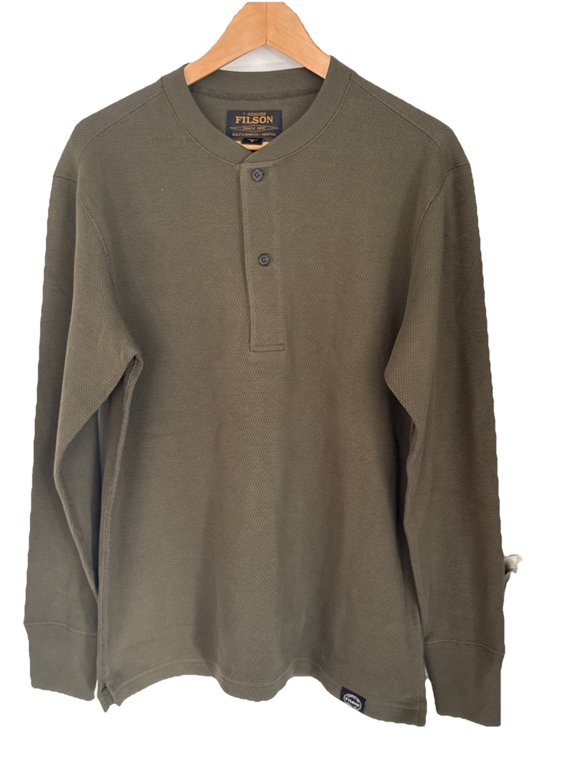 FILSON Men’s Mossy Rock Green Thermal Henley, Size Small, Heavy Waffle Knit