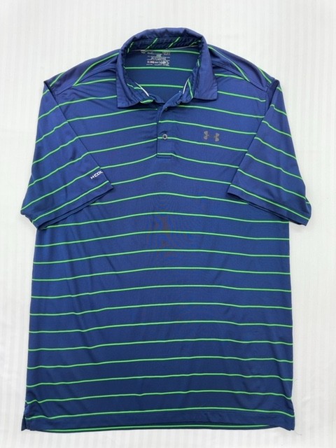 Under Armour Mens Polo Shirt Navy Blue Striped Athletic Size L Performance