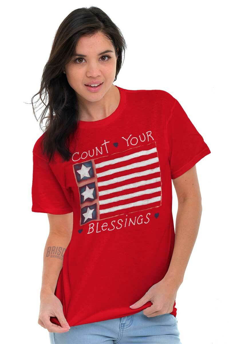Count Your Blessings American Flag USA Christ Womens Short Sleeve Crewneck Tee gallery