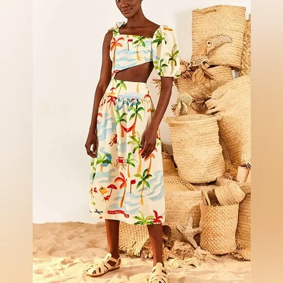 NWT Farm Rio Copacabana Linen Blend Cutout Midi Dress size S #1F460