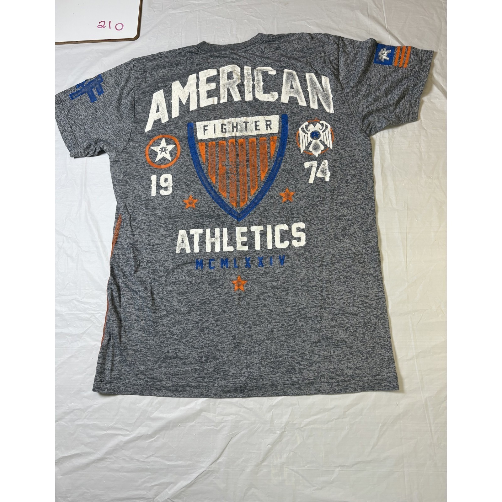 Mens American Fighter gray/orange/blue/white graphic tshirt, size Large gallery