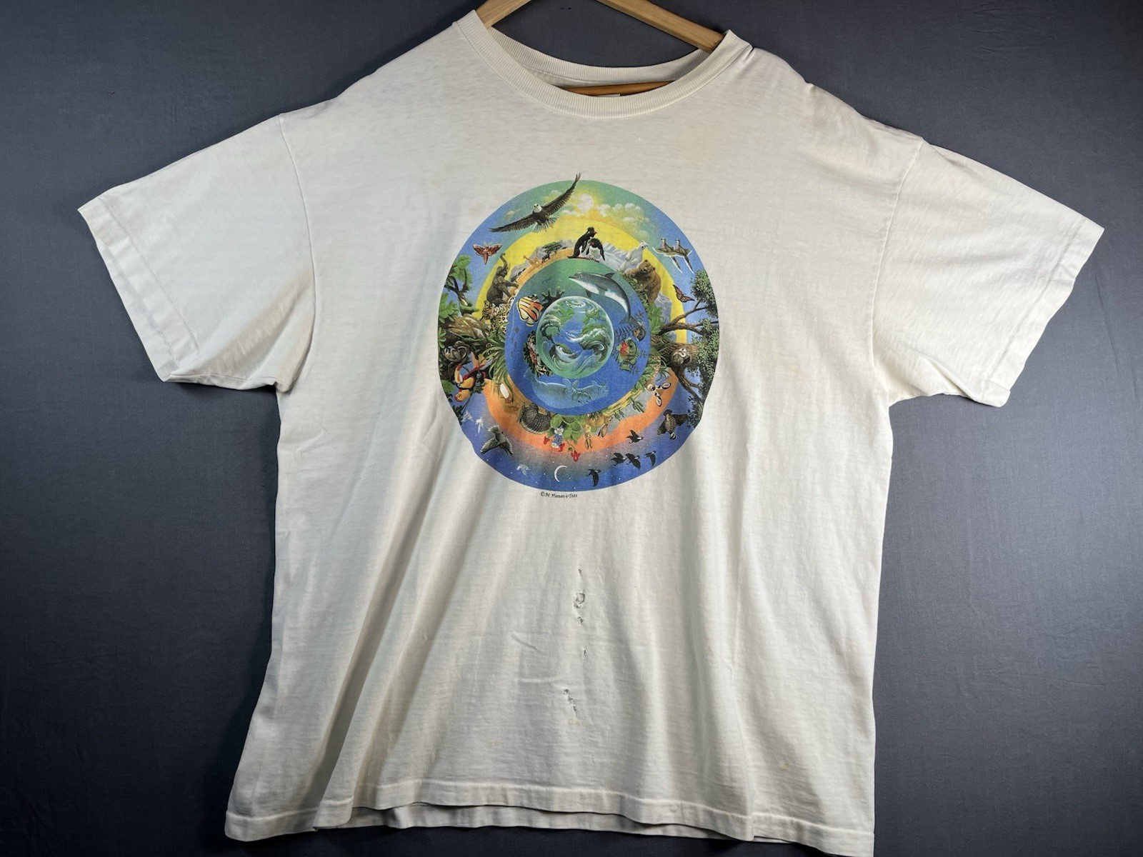 VTG 90s Human-i-Tees White Short Sleeve Shirt Sz XXL Nature Ecosystem Animals