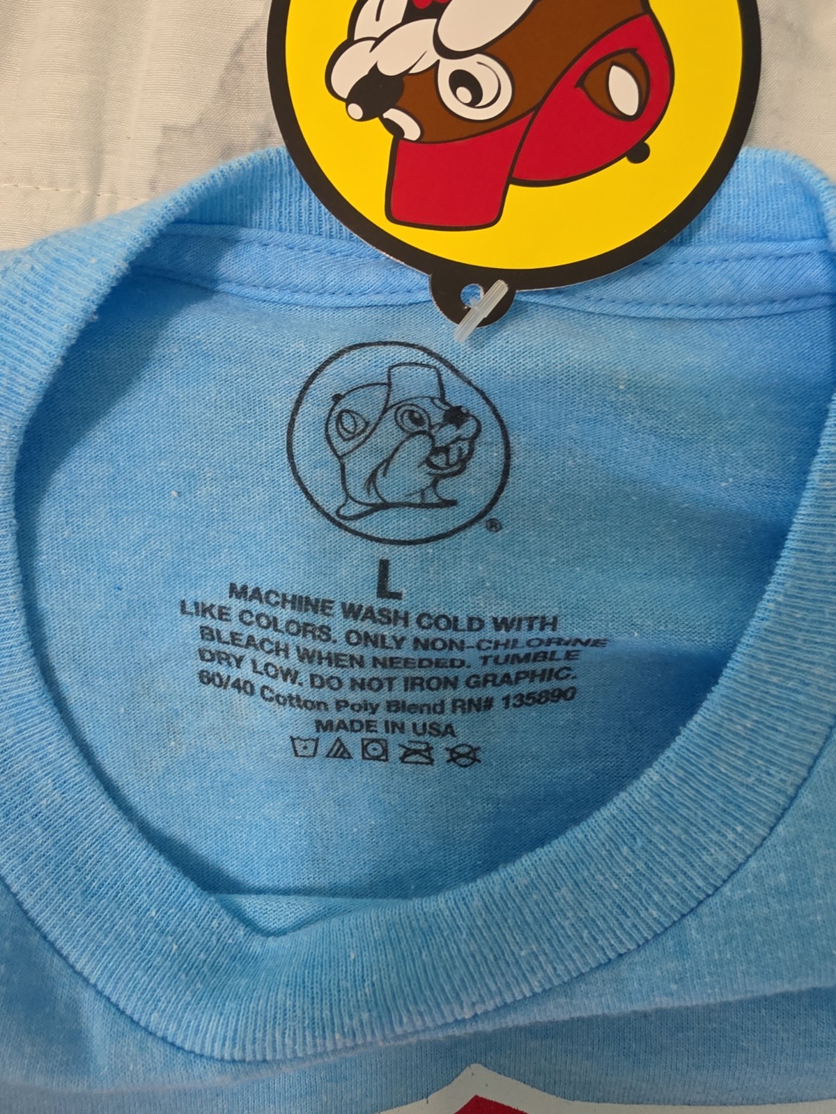 Buc-ees Light Blue T-Shirt Men's Sz L "Heck Yeah Buc-ees" Front/Back Graphic NWT gallery