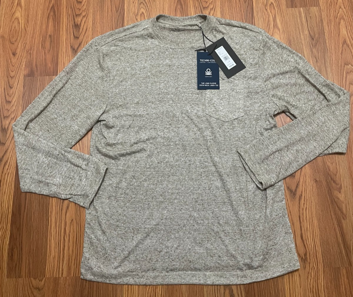 Kenneth Cole Techni-Co Long Sleeve Crew Neck Linen Tee Shirt Large Taupe Heather gallery