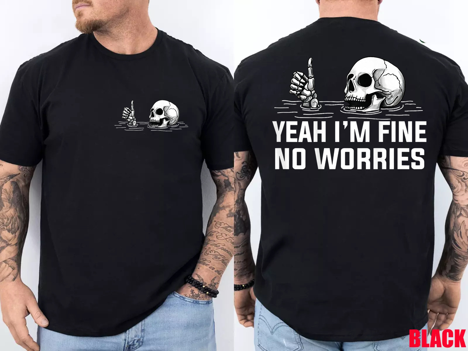 2 Sides Yeah I’m Fine No Worries Skull Vintage Humor Quote T-Shirt gallery