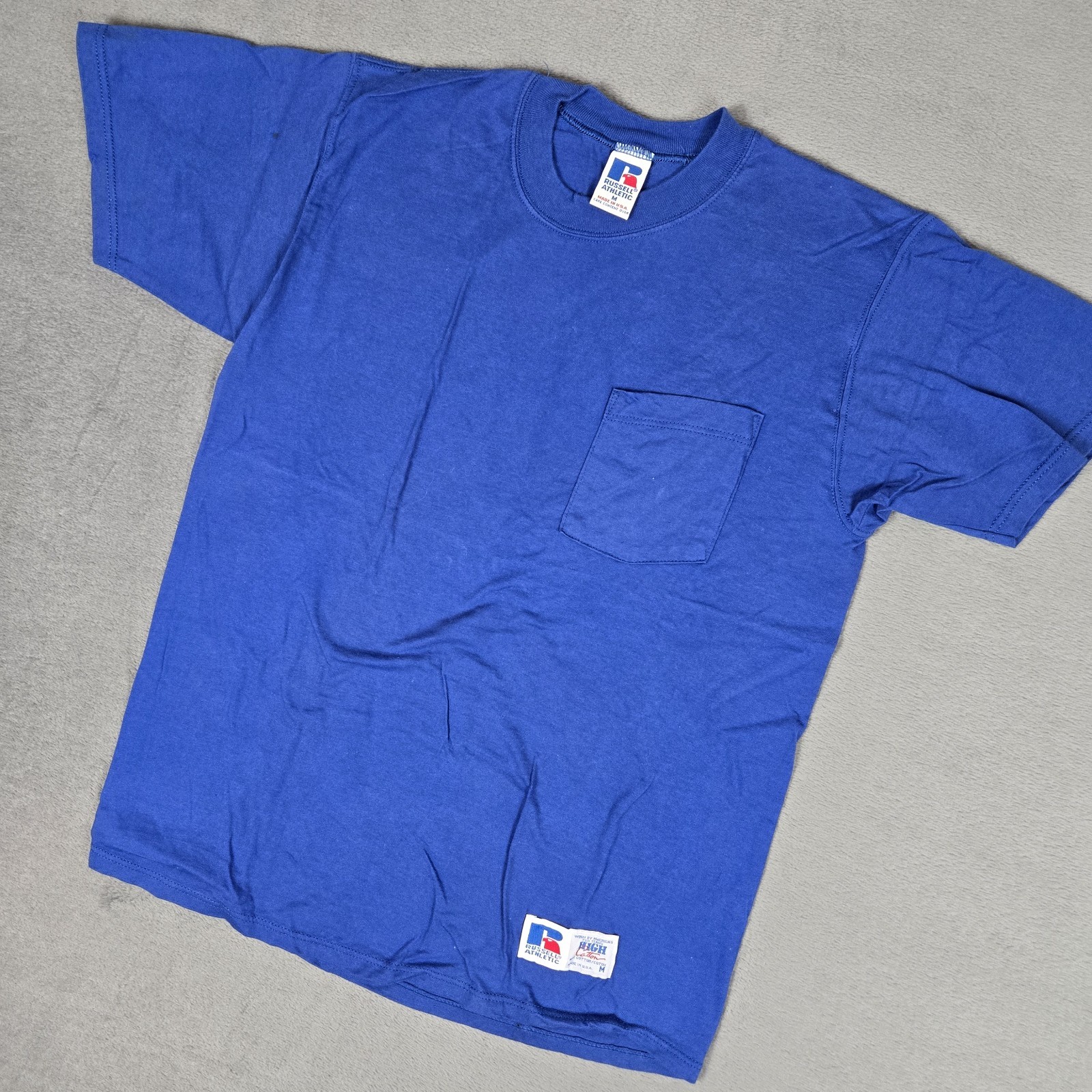 Russell Athletic High Cotton T-Shirt Mens Mediun Blue Solid Pocket USA Made Vtg gallery