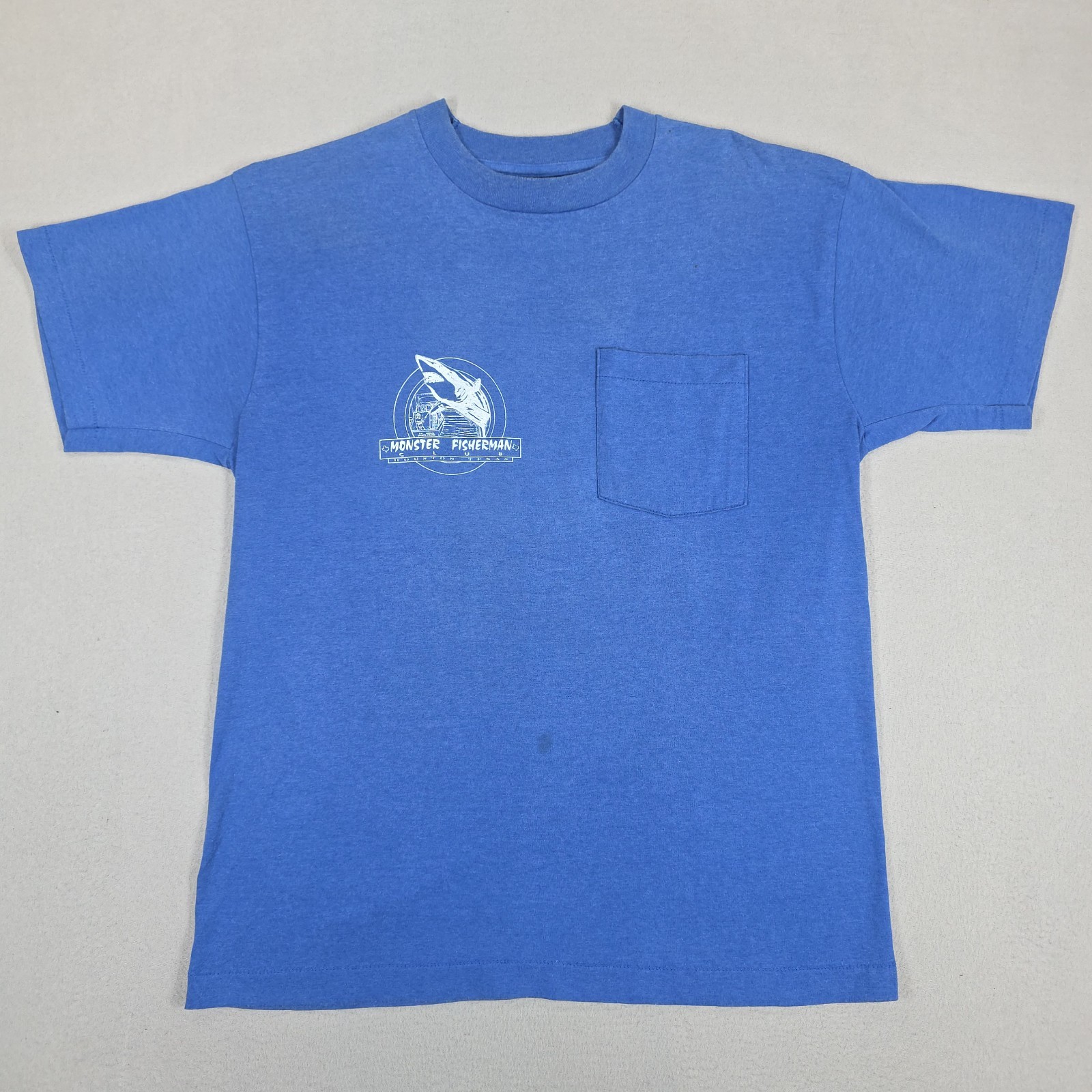 Vintage Monster Fisherman Shirt Mens Large Blue Huston Texas Club Shark Jaws gallery