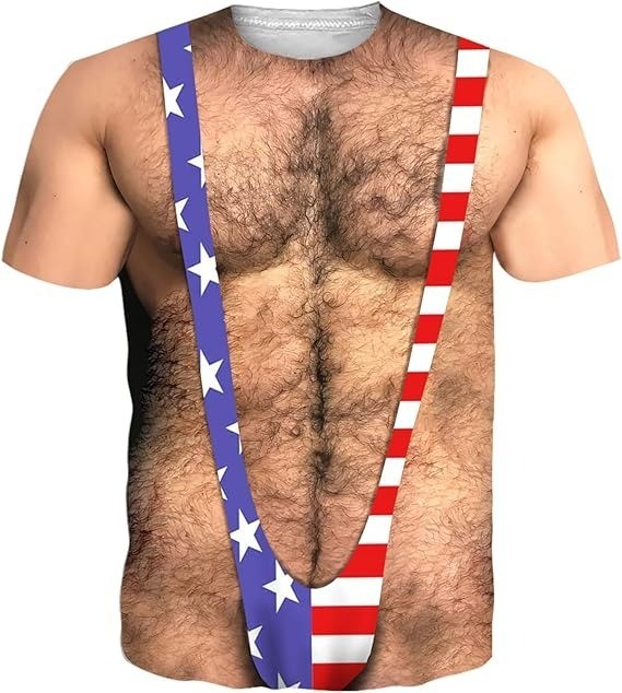 Funny USA Flag Borat Swimsuit T-Shirt 3D Hairy Chest Bikini Graphic Gag Gift Tee gallery
