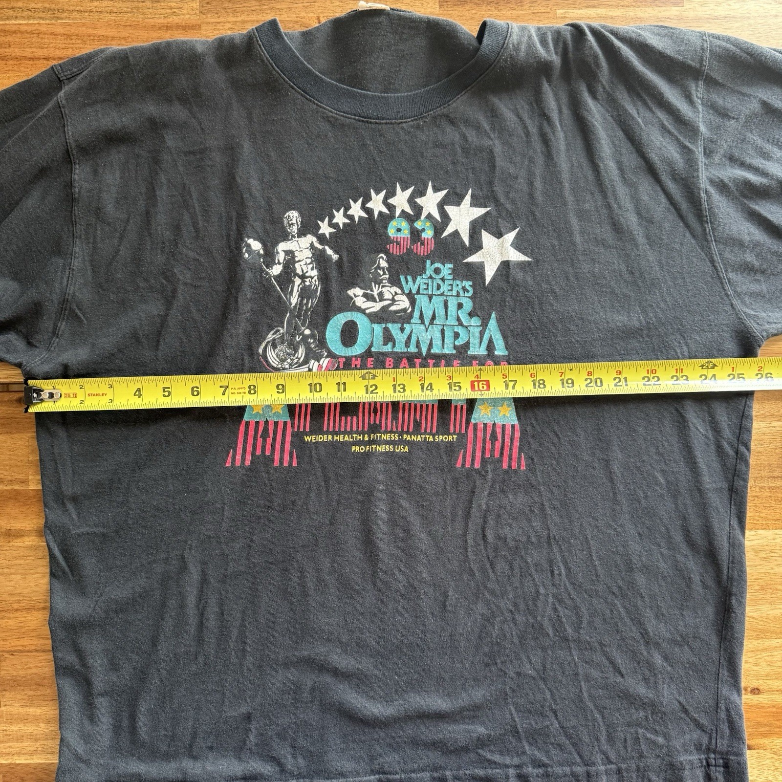 Vintage 93 Joe Weider’s Mr Olympia T-shirt Bodybuilding Faded Black SEE MEASURE gallery