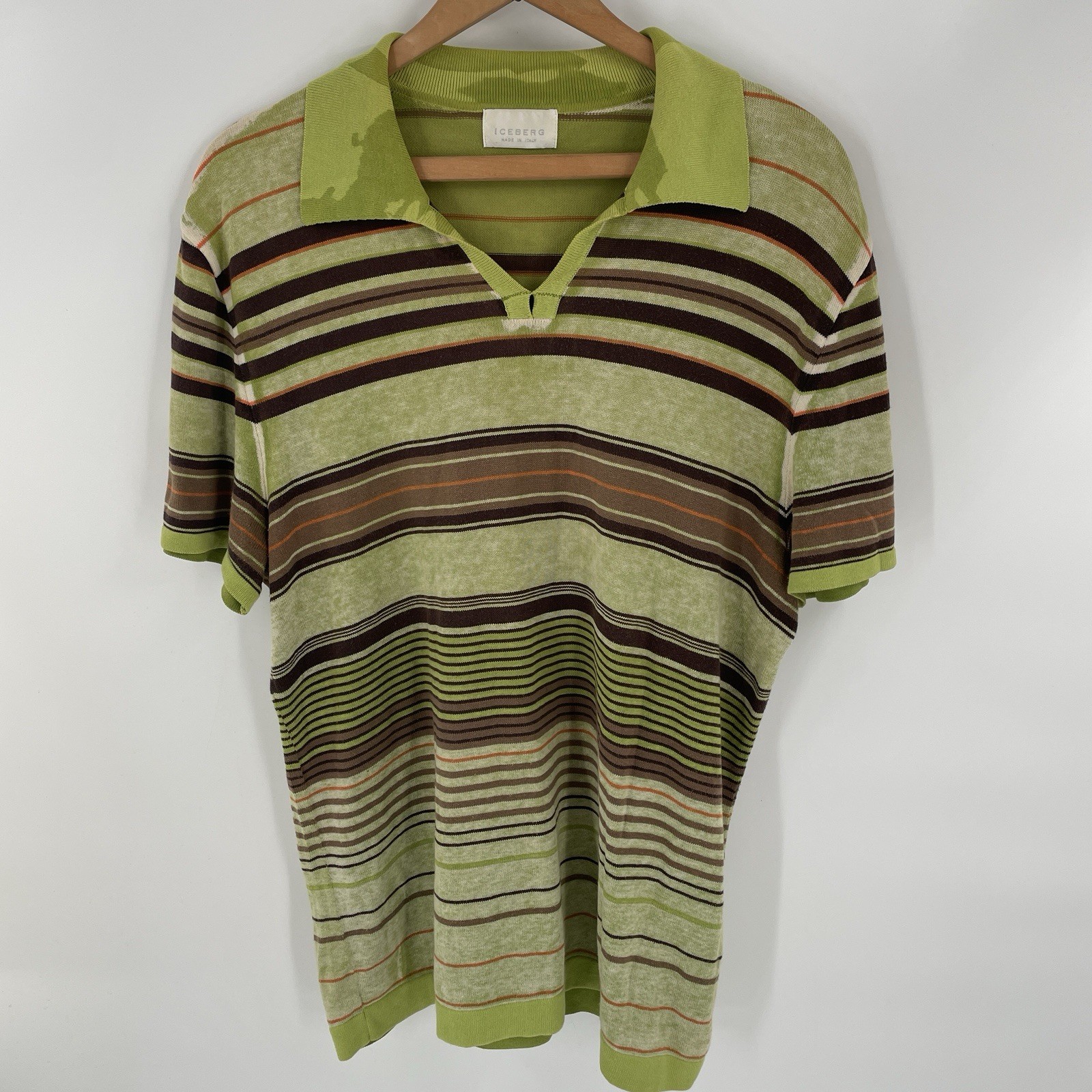 Vintage Iceberg Green Brown Striped 70s Style Polo Shirt - Mens Size L (21.5x27) gallery