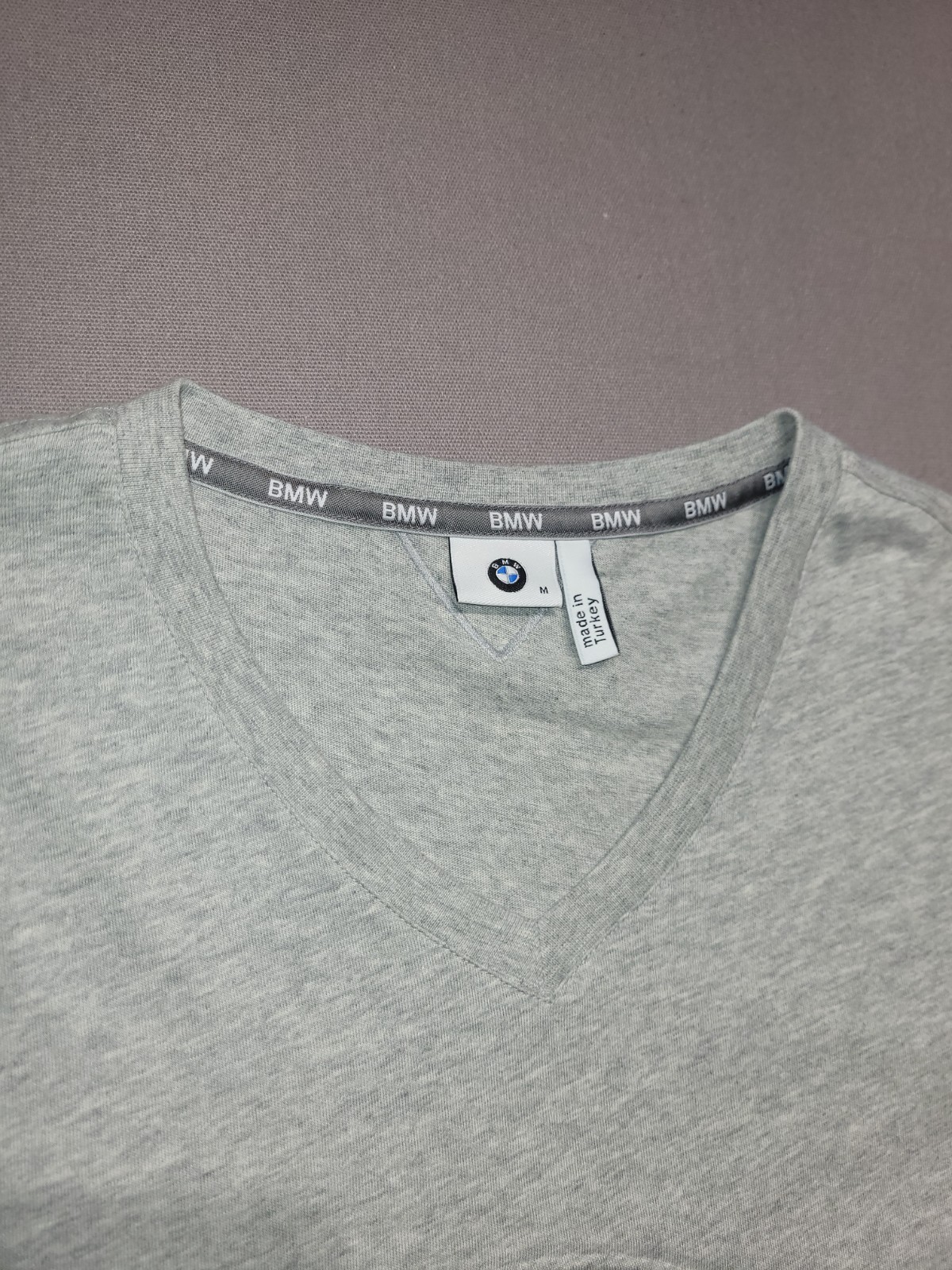 BMW Men’s M Gray V-Neck T-Shirt Tonal Raised Logo 100% Cotton Made Turkey gallery