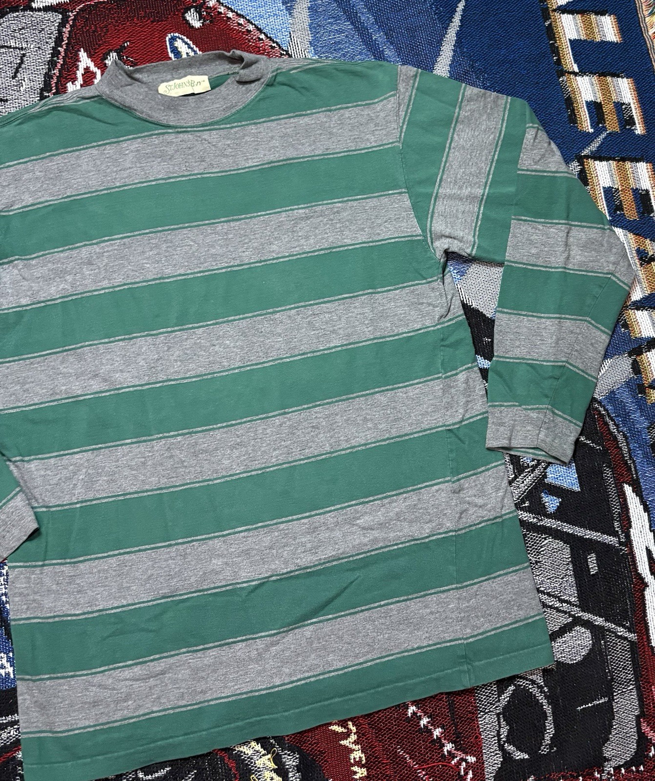 Vintage St Johns Bay Shirt Striped Green Gray Long Sleeve Medium Y2K Grunge gallery