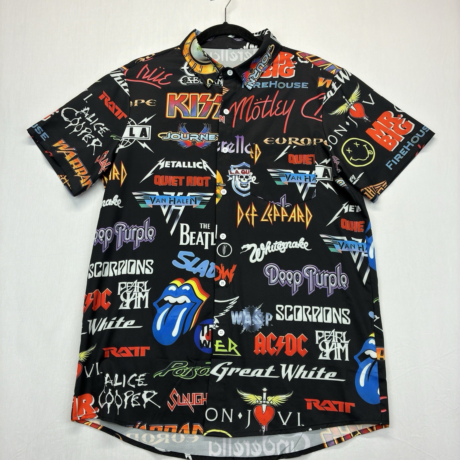 Rock Band Logo Button Up Shirt Men’s Small Black Graphic Short Sleeve gallery
