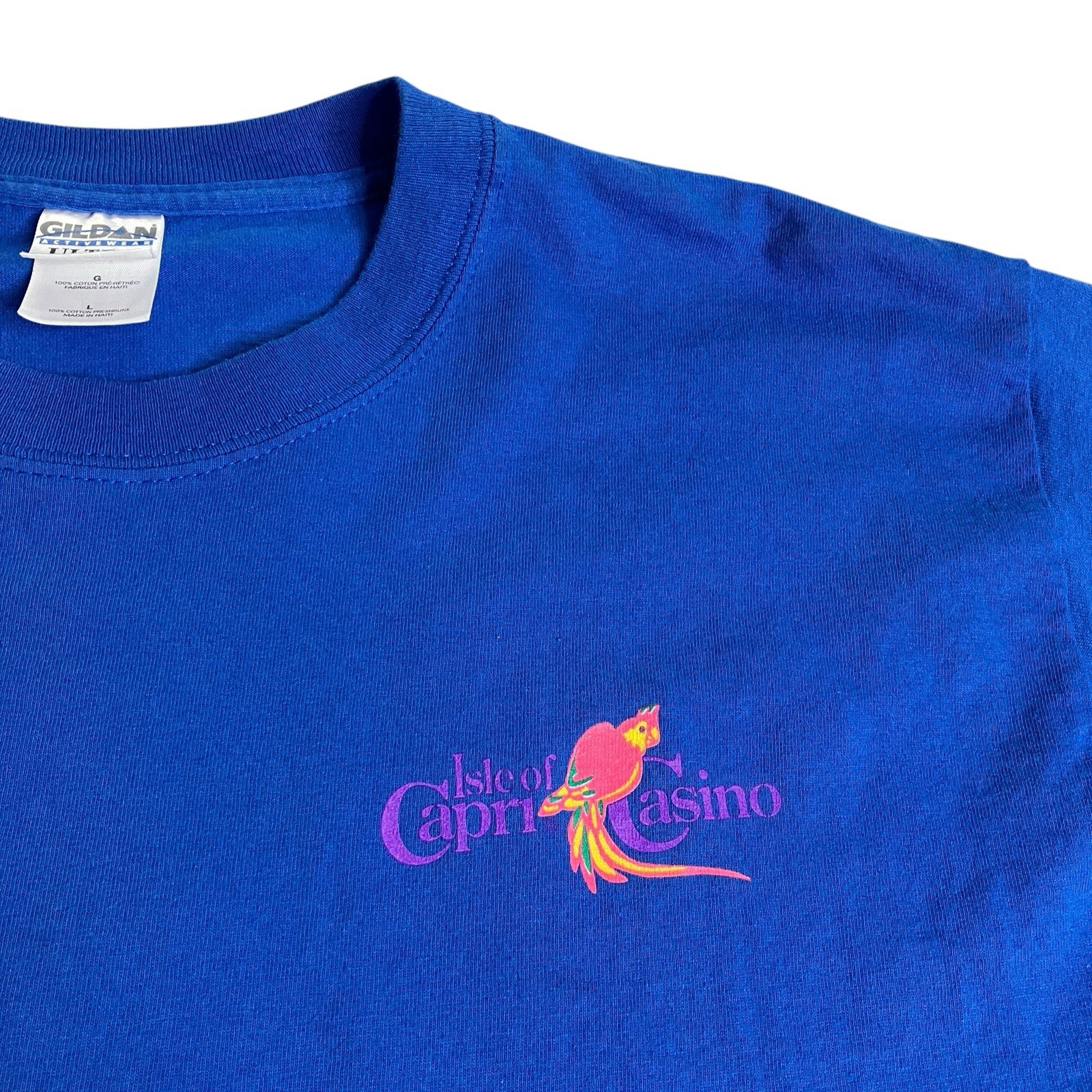 Vintage Y2K Isle Of Capri Casino Shirt Mens L Blue Double Sided Parrot Graphic gallery