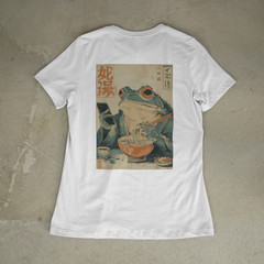 Japanese Art Grumpy Frog Ramen Noodles Phone Scroll Funny Graphic Tee Back Print