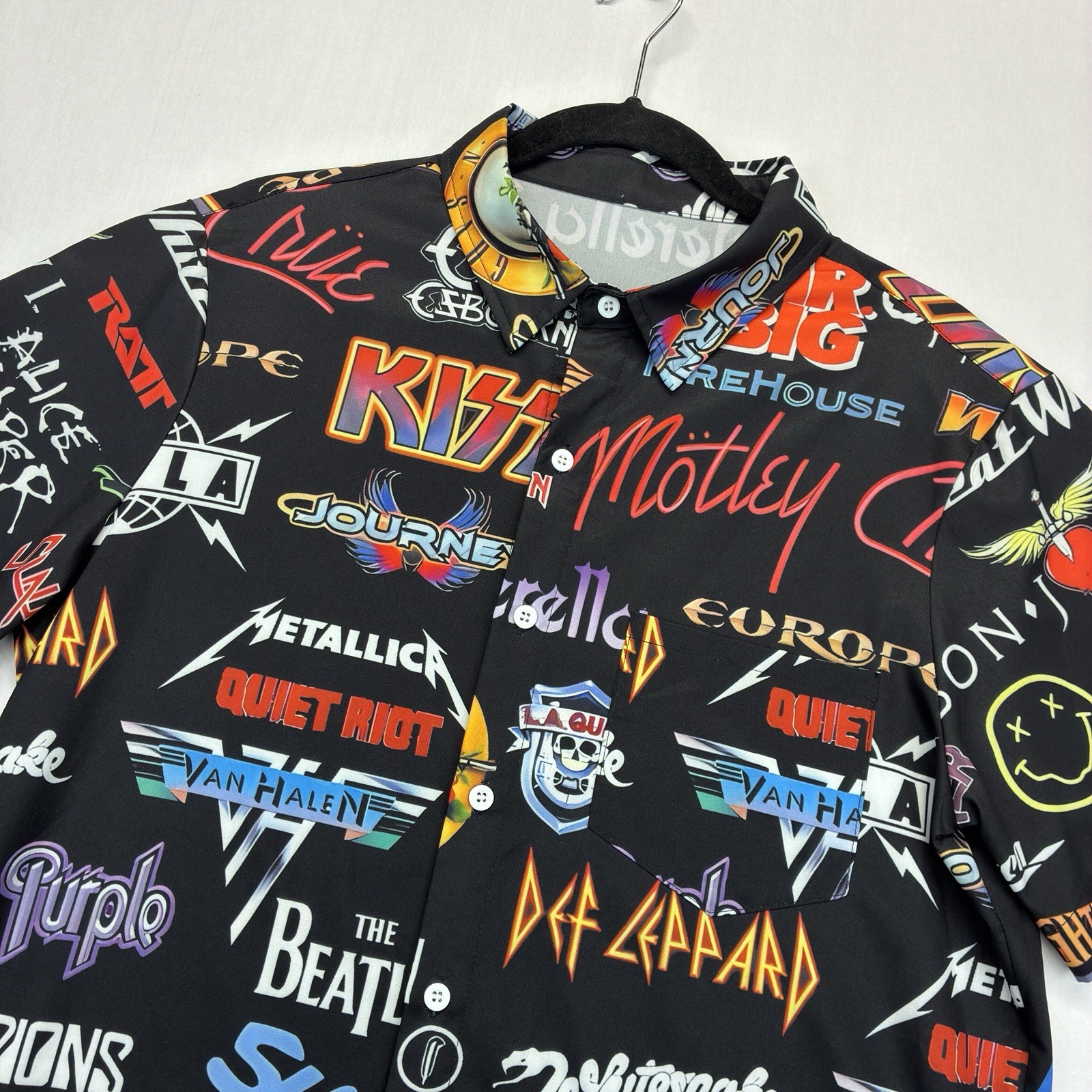 Rock Band Logo Button Up Shirt Men’s Small Black Graphic Short Sleeve gallery