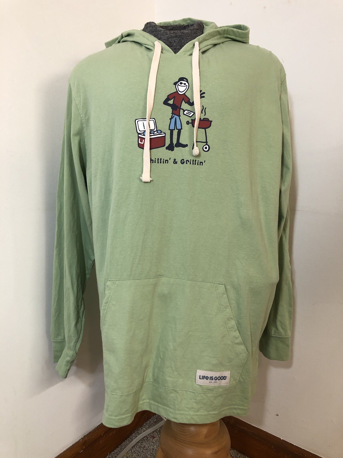 Life is Good Mens XL Longsleeved Hooded Tee Shirt Chillin Grillin Green Pouch gallery