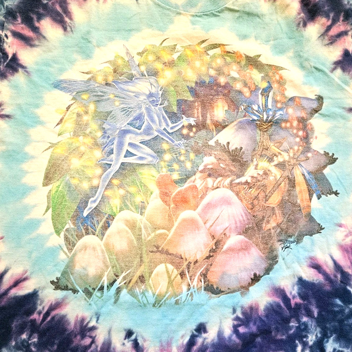 Vintage 90s Liquid Blue Fairy Fantasy Mushroom T Shirt Tie Dye Size Large