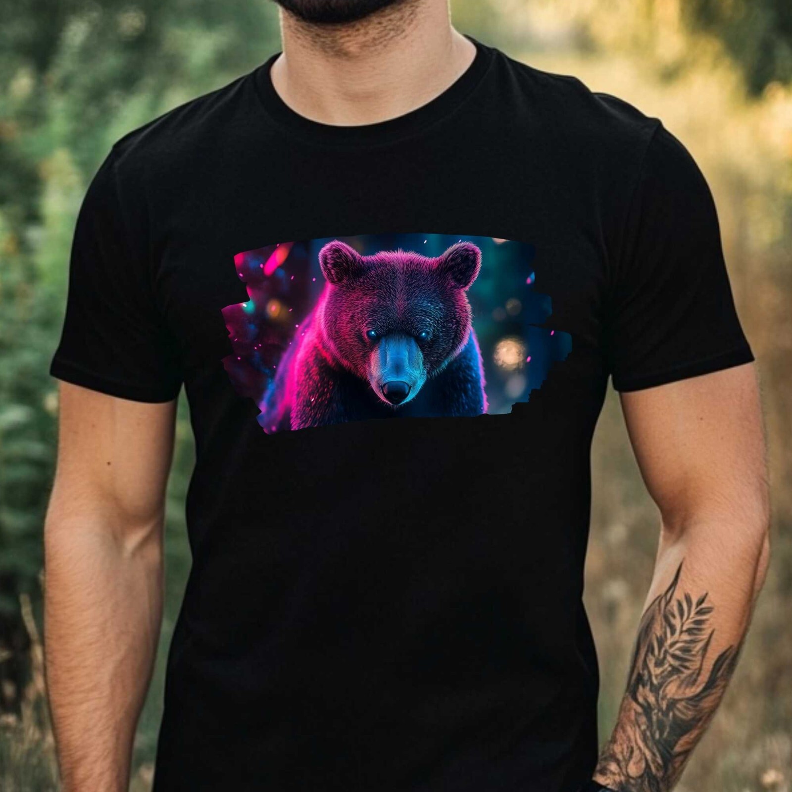 Mens Neon Black Bear Print Cotton T-Shirt Size XS to 5XL