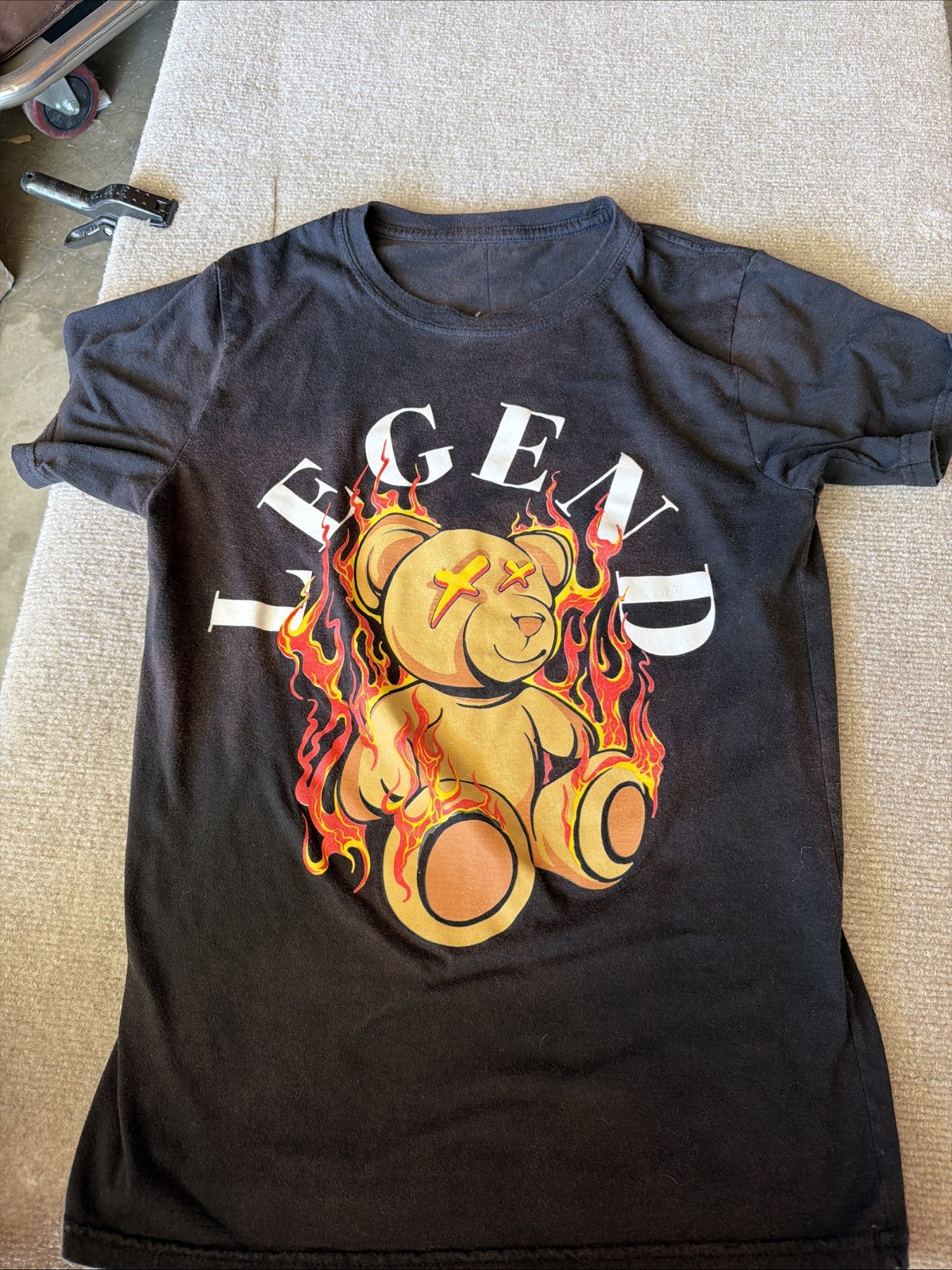 Legend Flaming Teddy Bear Graphic T-Shirt Dark Streetwear Size Small gallery