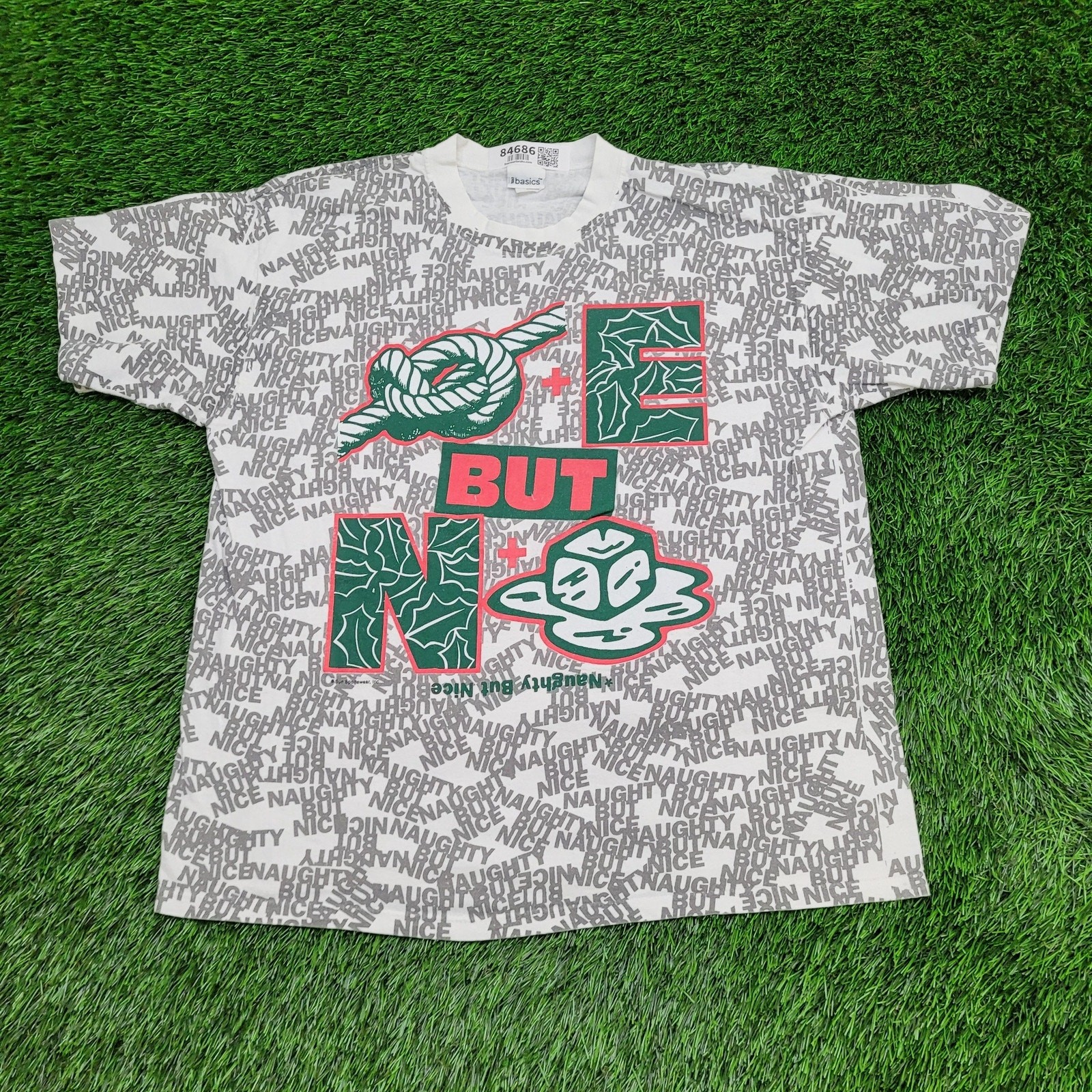 Vintage Funny Naughty But Nice AOP Shirt Large 21×26 White Gray