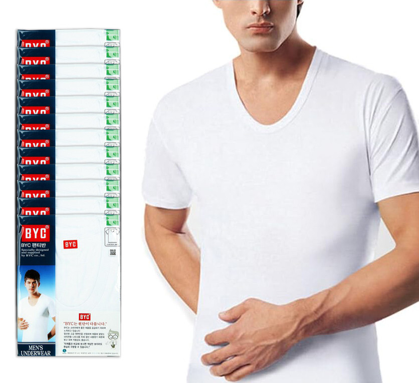 BYC Men's 100% Cotton Classic Fit White Undershirts U-Neck T-Shirts Pack of 12 gallery