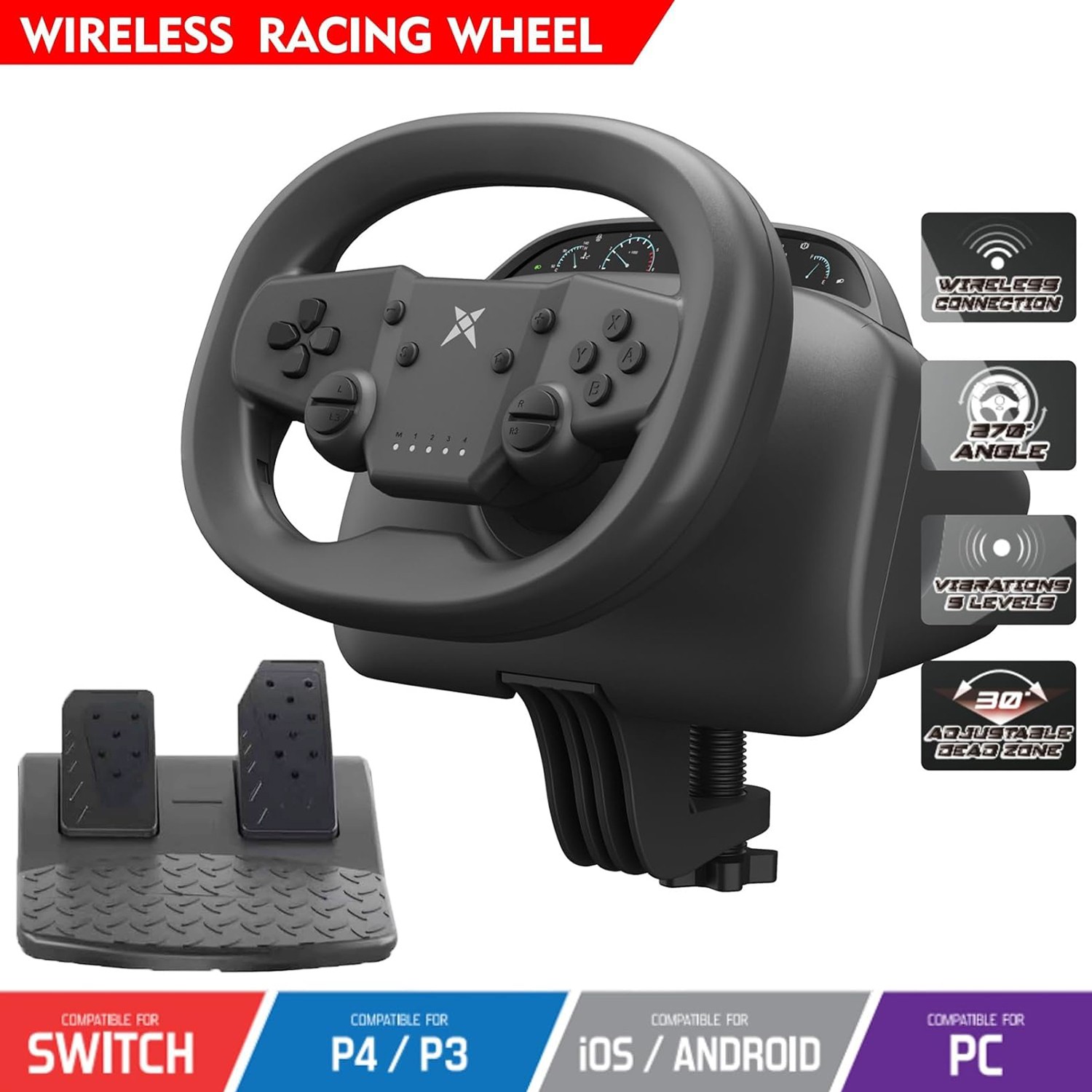 Wireless Gaming Steering Wheel Pedals Compatible with P4 P3 PC Switch 2 Ios