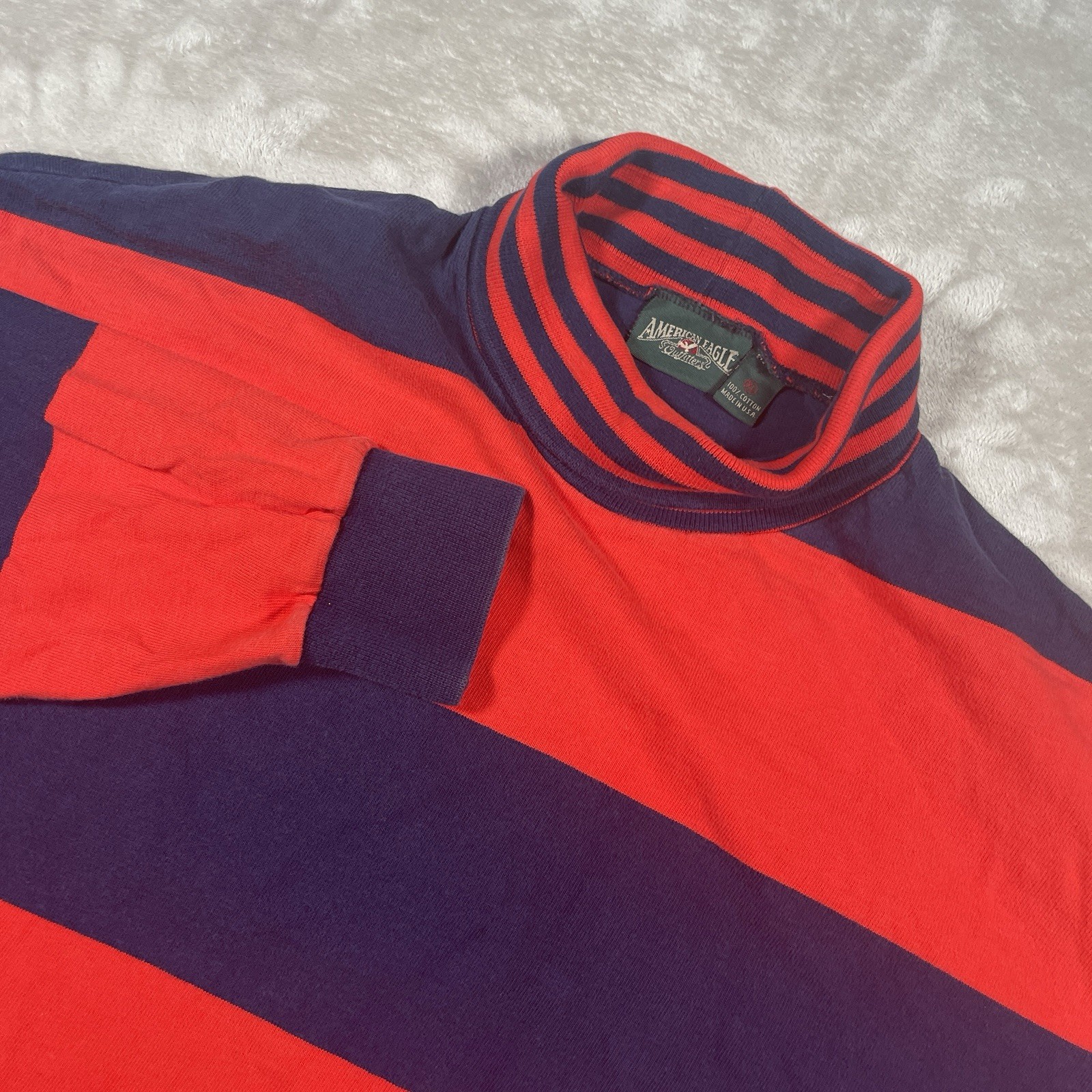 VINTAGE 80s American Eagle Long Sleeve Rugby Red/Blue Striped Turtleneck Mens XL gallery